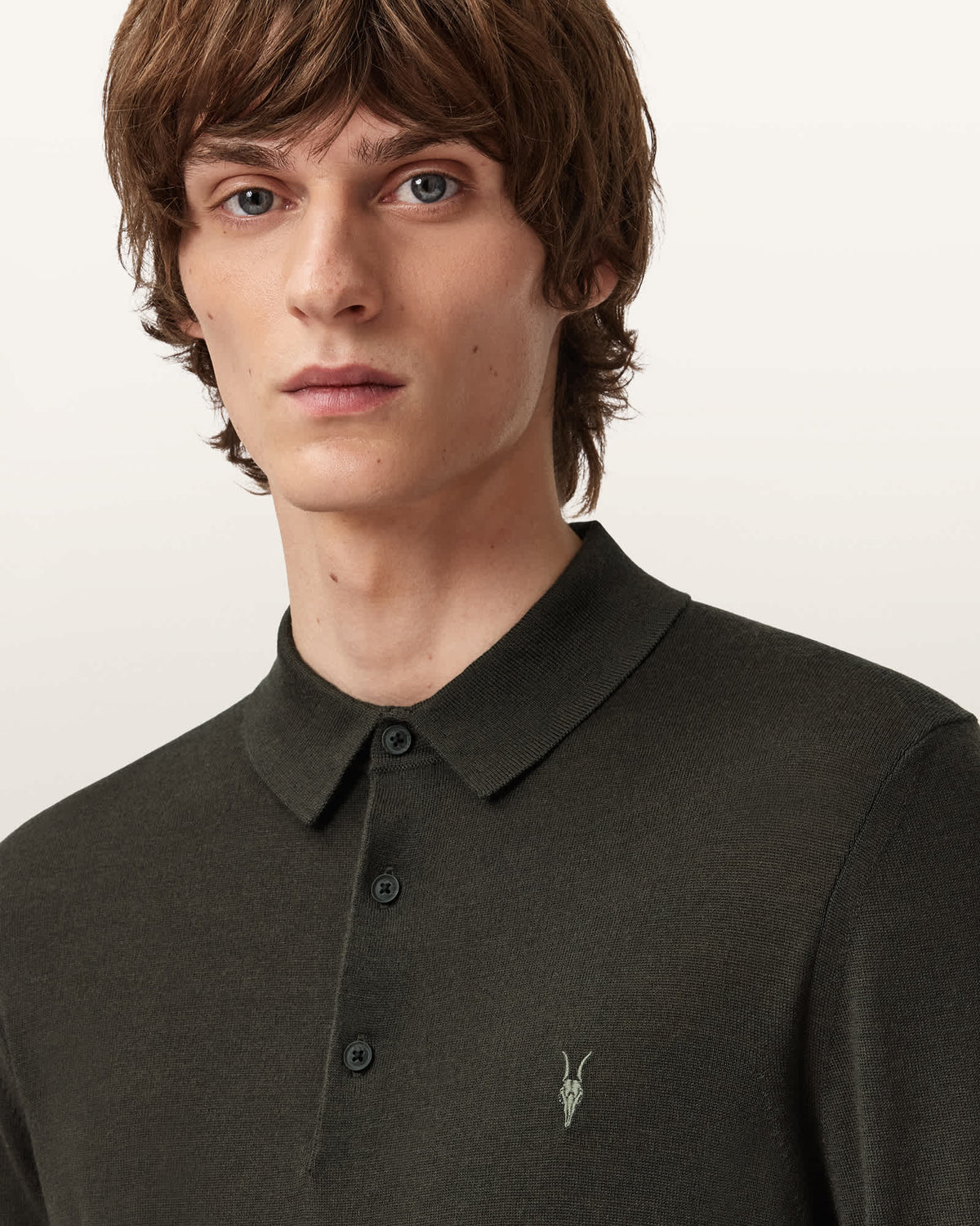 Mode Merino Wool Long-Sleeve Polo Shirt Olive Green