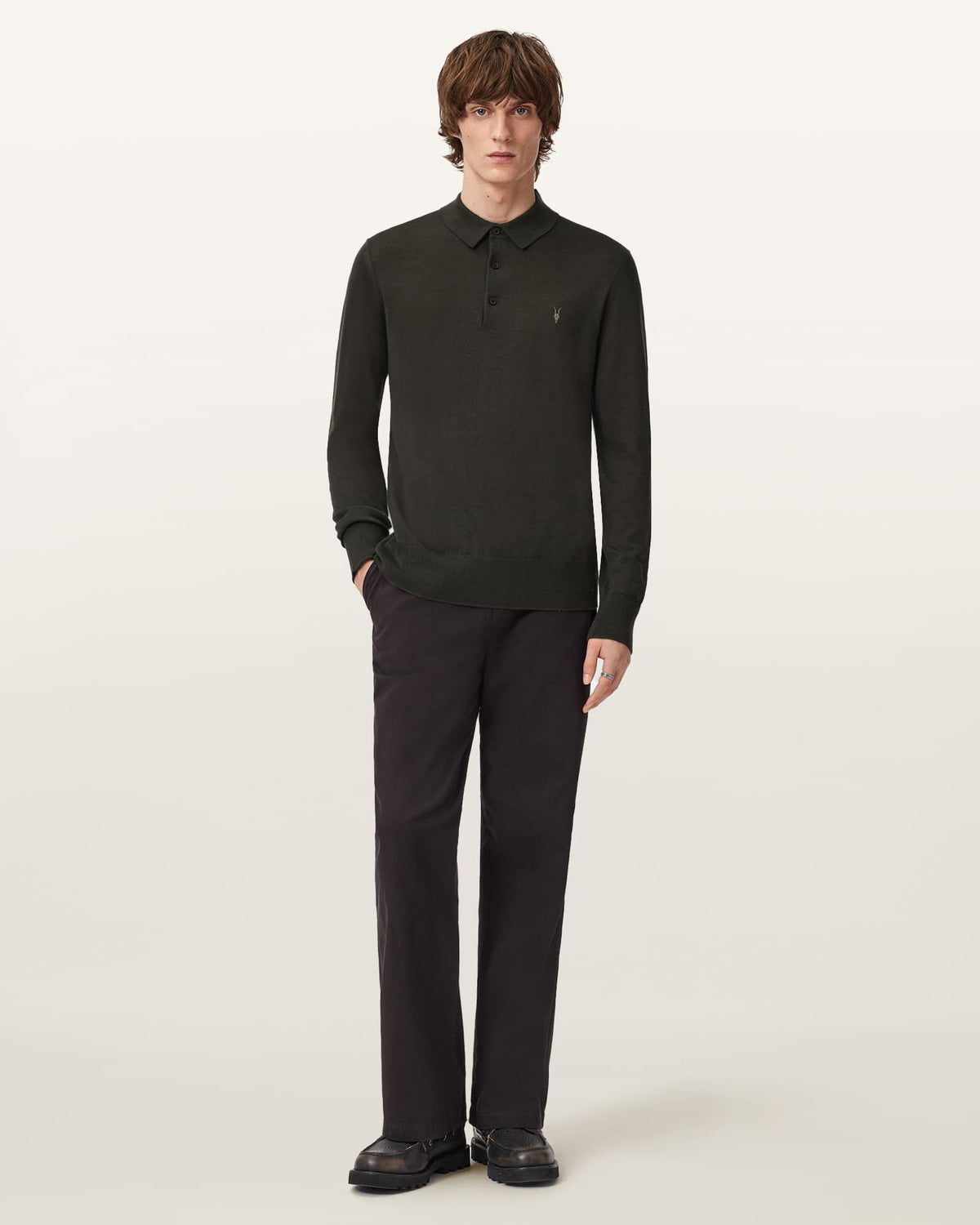 Mode Merino Wool Long-Sleeve Polo Shirt Olive Green