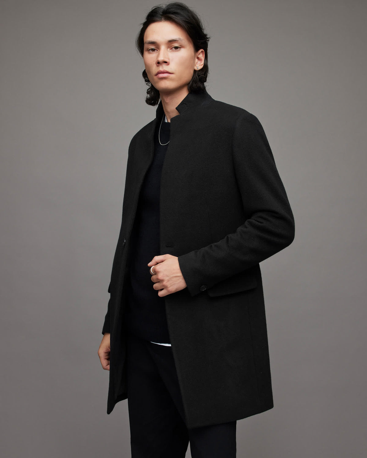 Manor Tailored Button Up Wool Coat Black