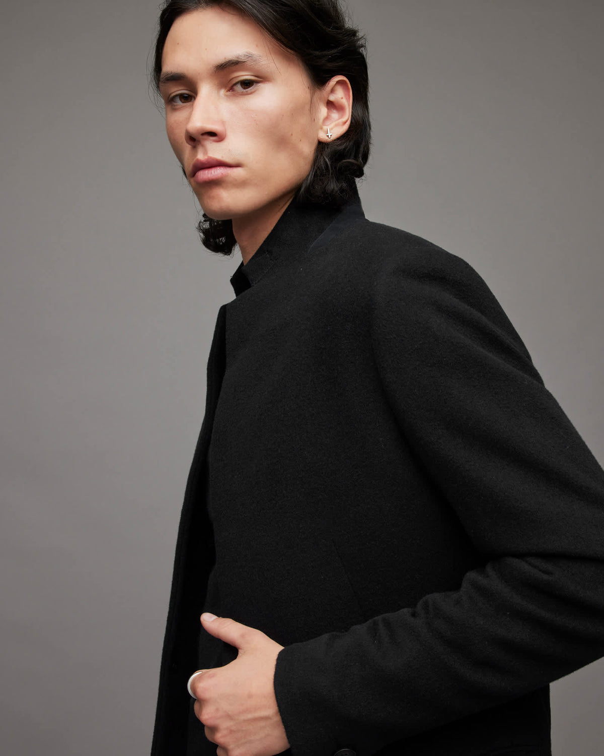 Manor Tailored Button Up Wool Coat Black