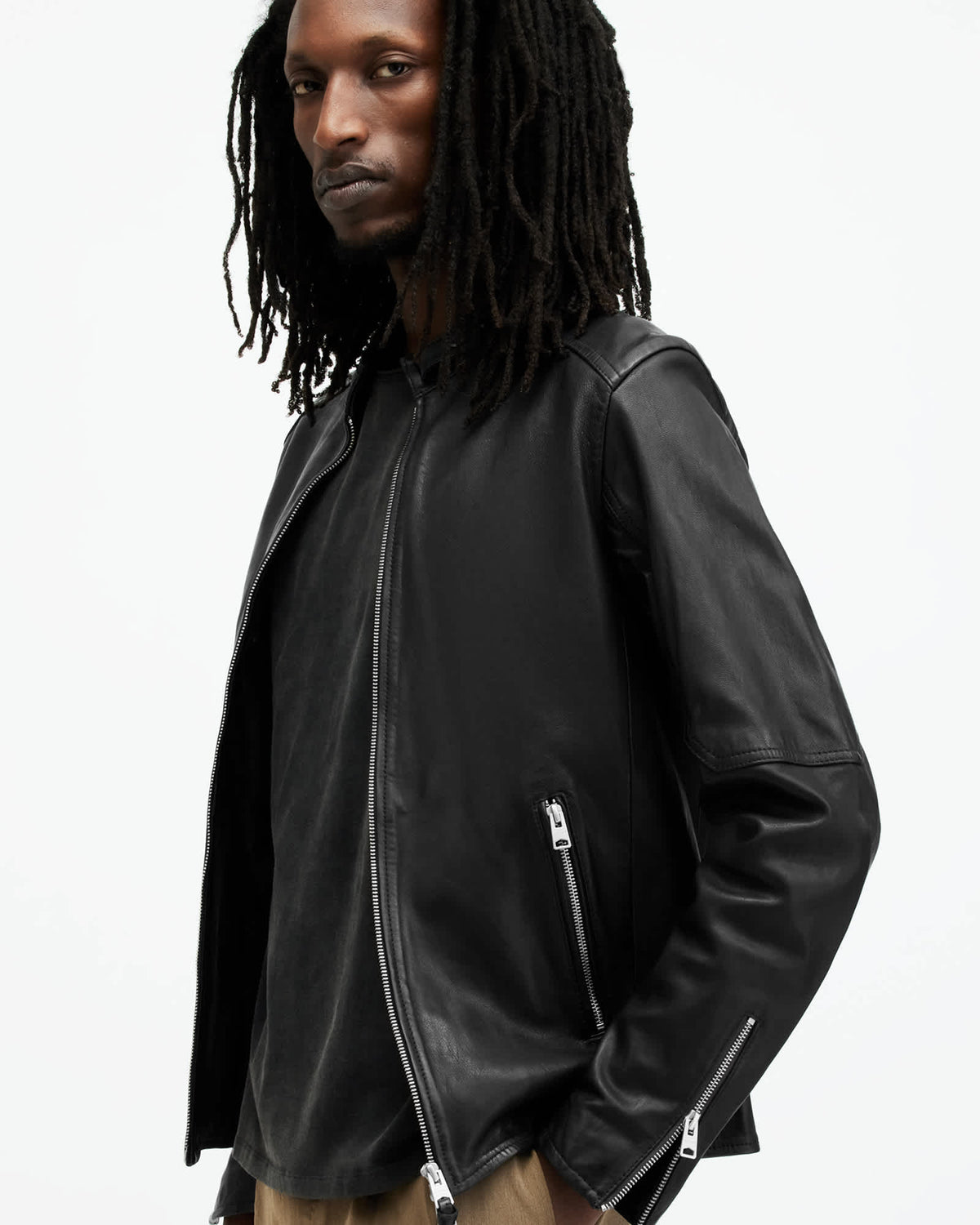 Cora Leather Snap Back Collar Jacket Jet Black