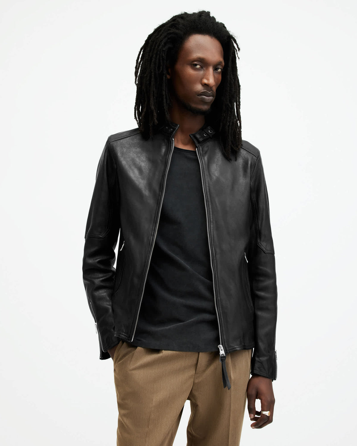 Cora Leather Snap Back Collar Jacket Jet Black
