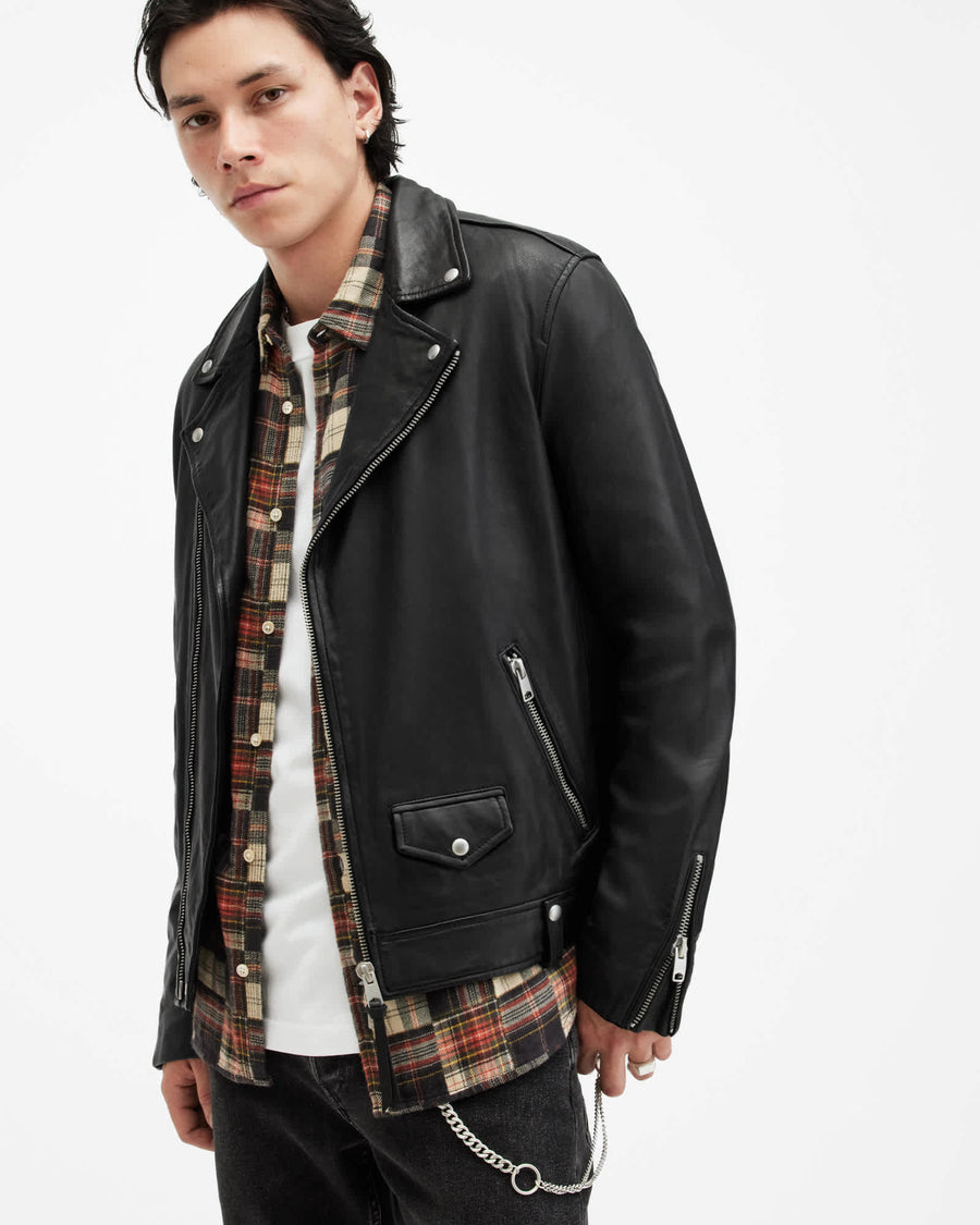 Milo Asymmetric Zip Leather Biker Jacket Black
