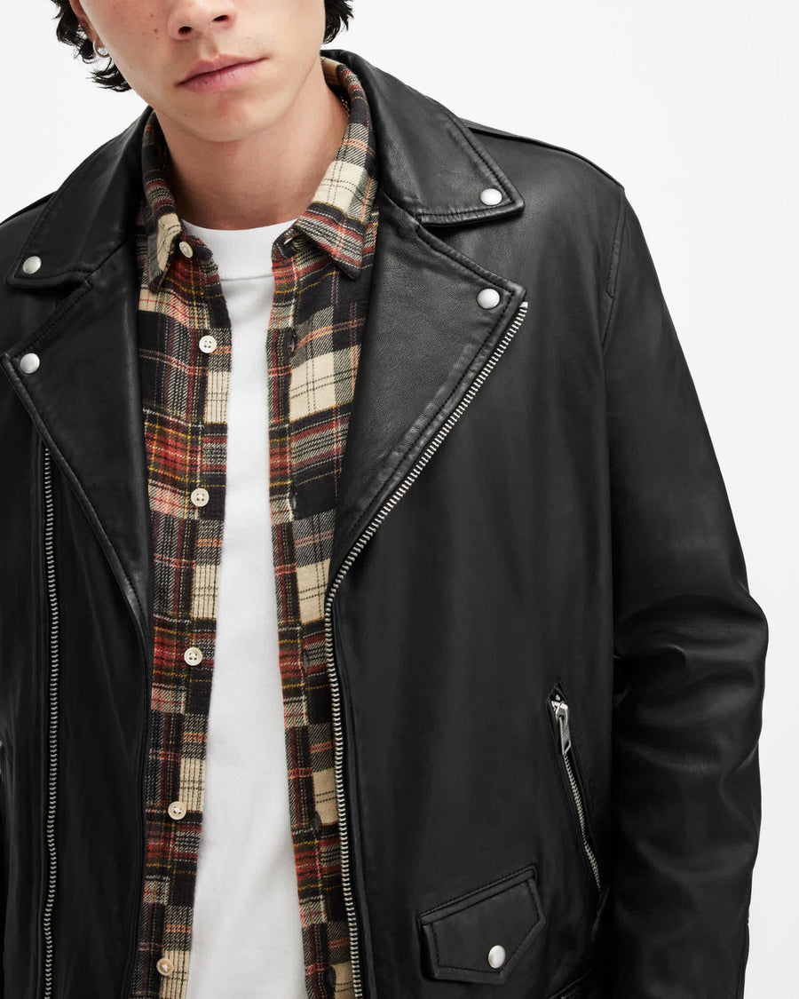 Milo Asymmetric Zip Leather Biker Jacket Black