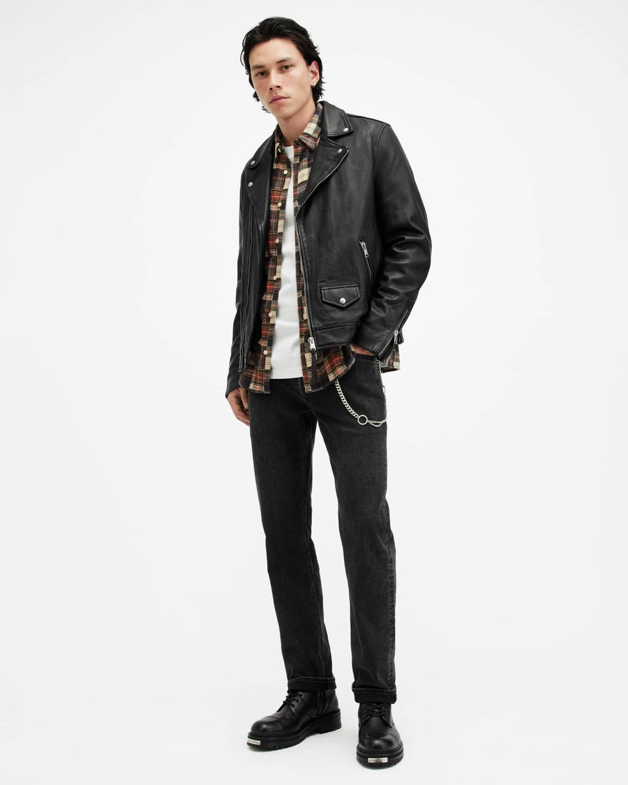 Milo Asymmetric Zip Leather Biker Jacket Black