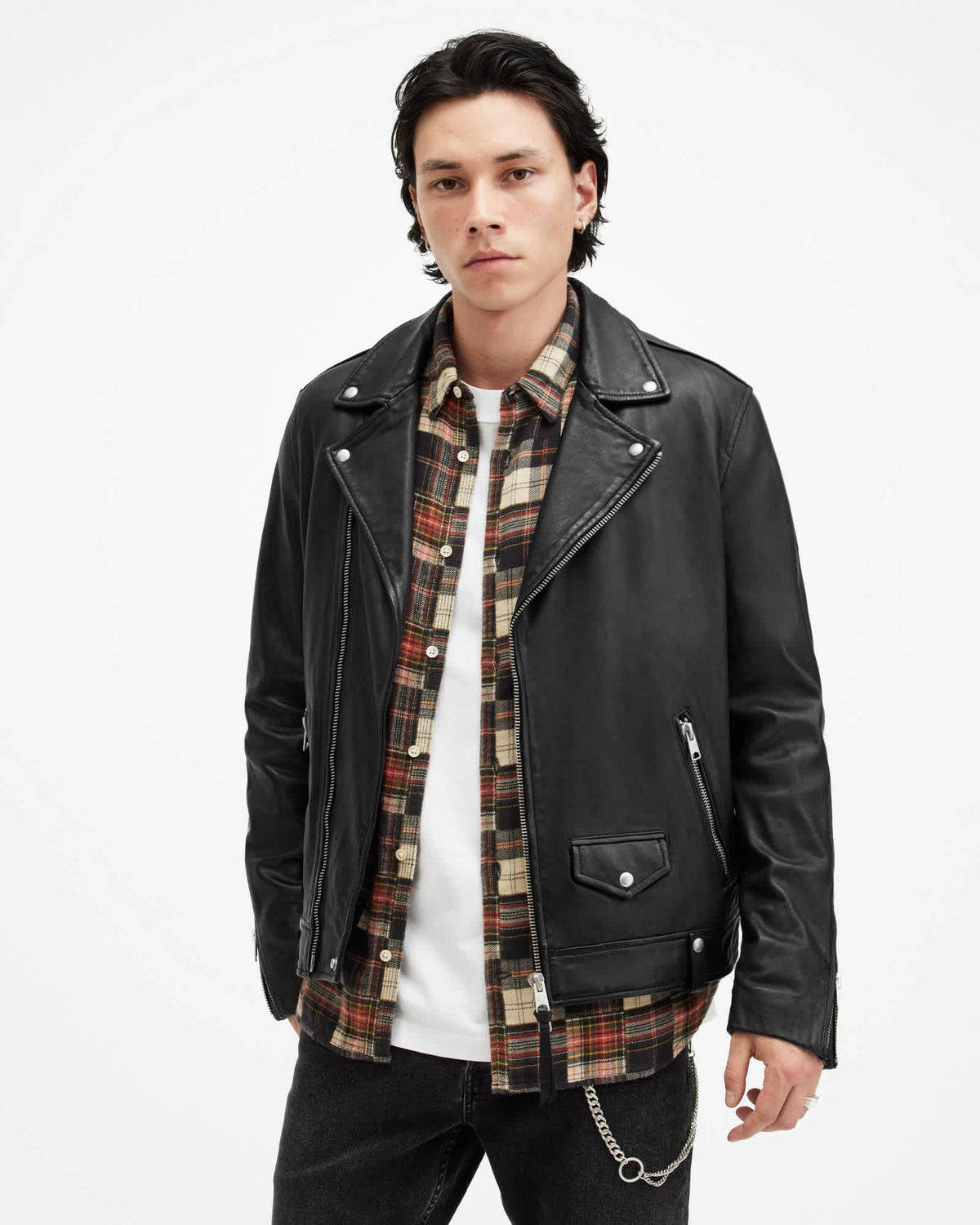 Milo Asymmetric Zip Leather Biker Jacket Black
