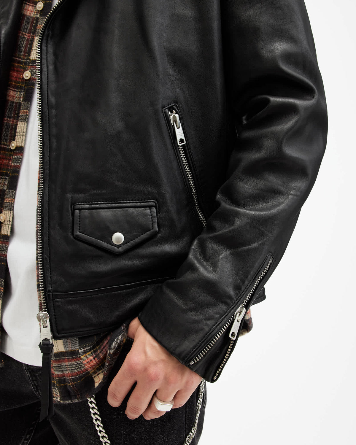 Milo Asymmetric Zip Leather Biker Jacket Black