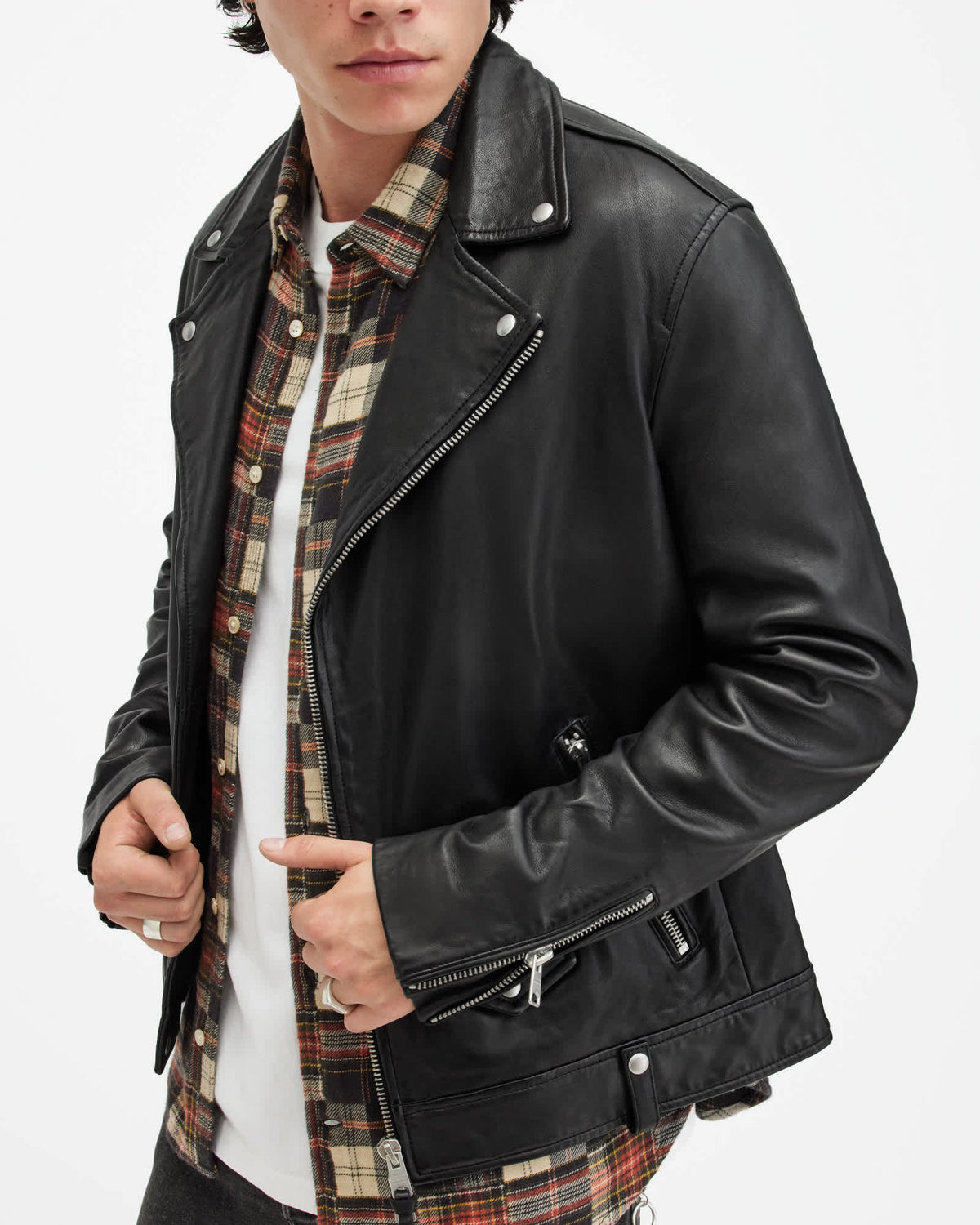 Milo Asymmetric Zip Leather Biker Jacket Black
