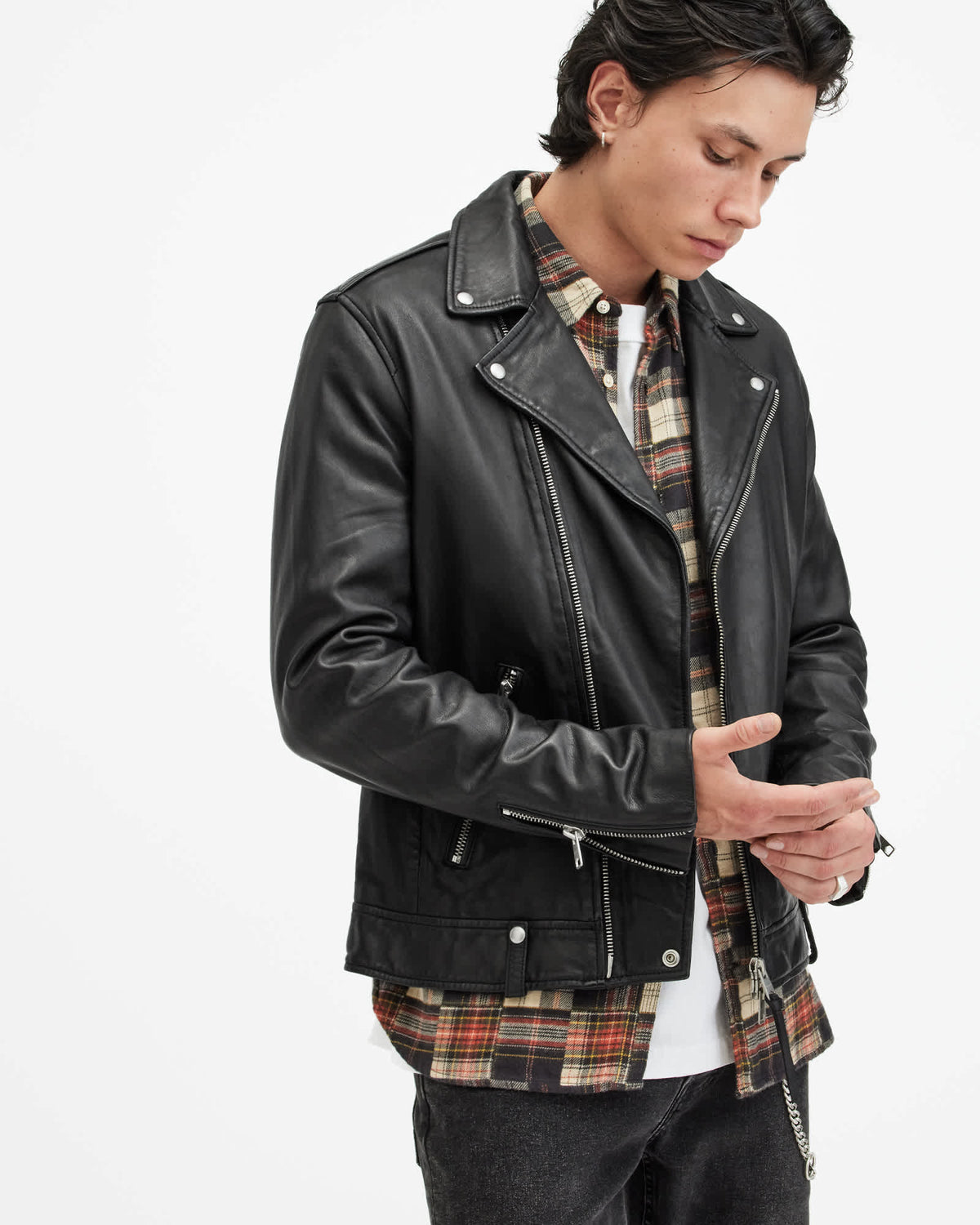 Milo Asymmetric Zip Leather Biker Jacket Black