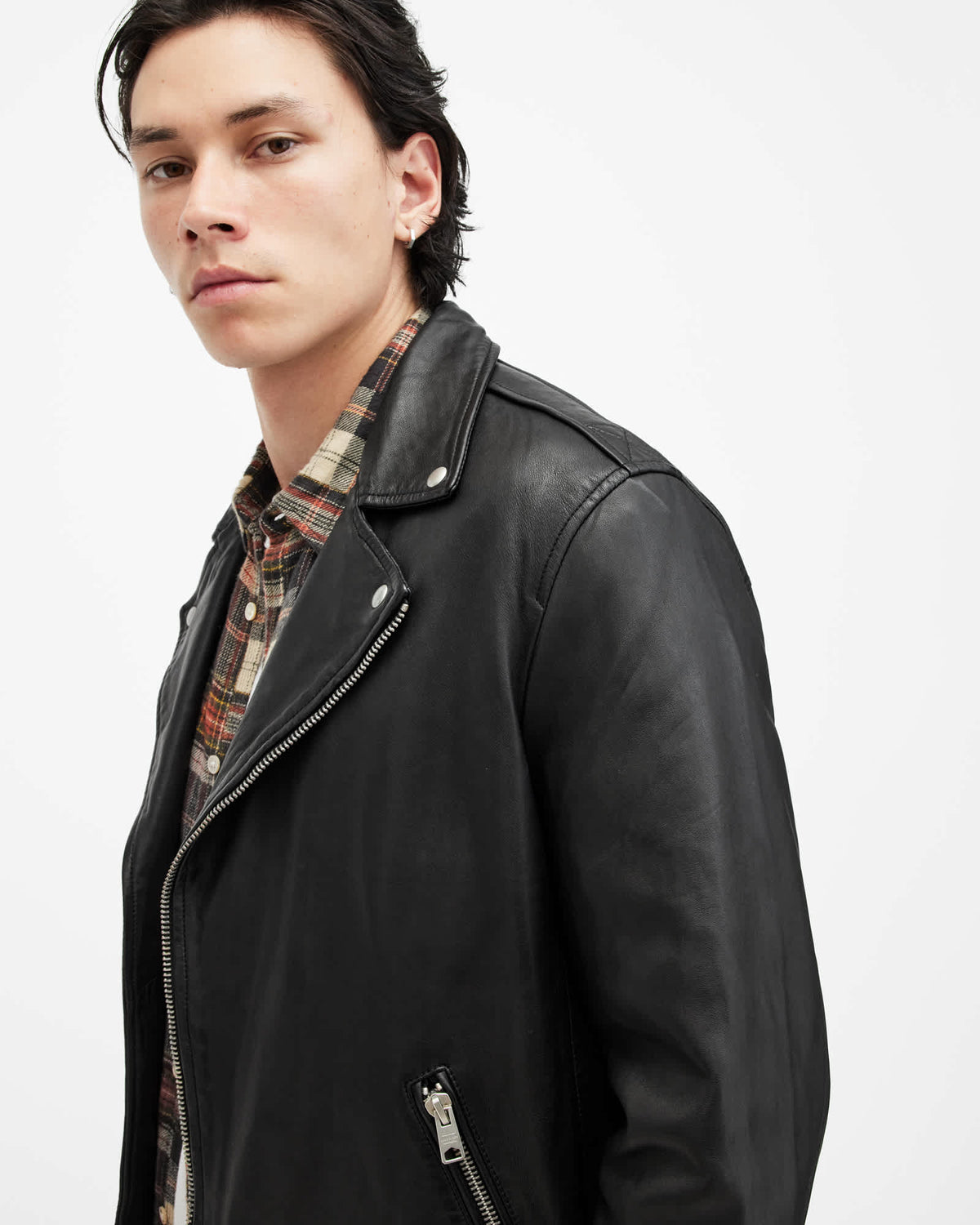 Milo Asymmetric Zip Leather Biker Jacket Black