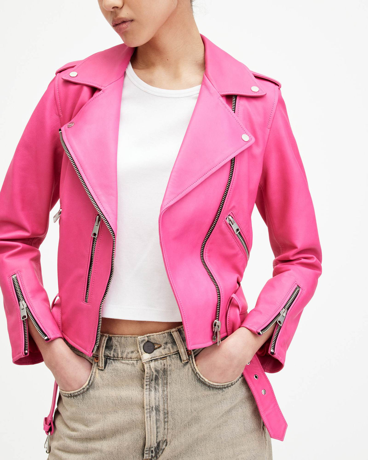 Balfern Leather Biker Jacket Neon Pink