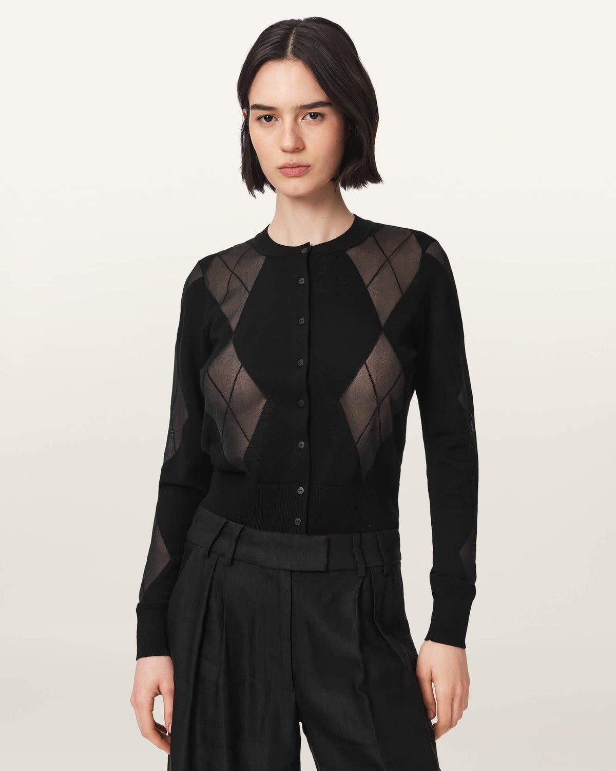 Bern Wool Blend Argyle Cardigan Black