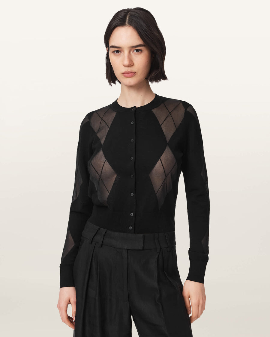 Bern Wool Blend Argyle Cardigan Black