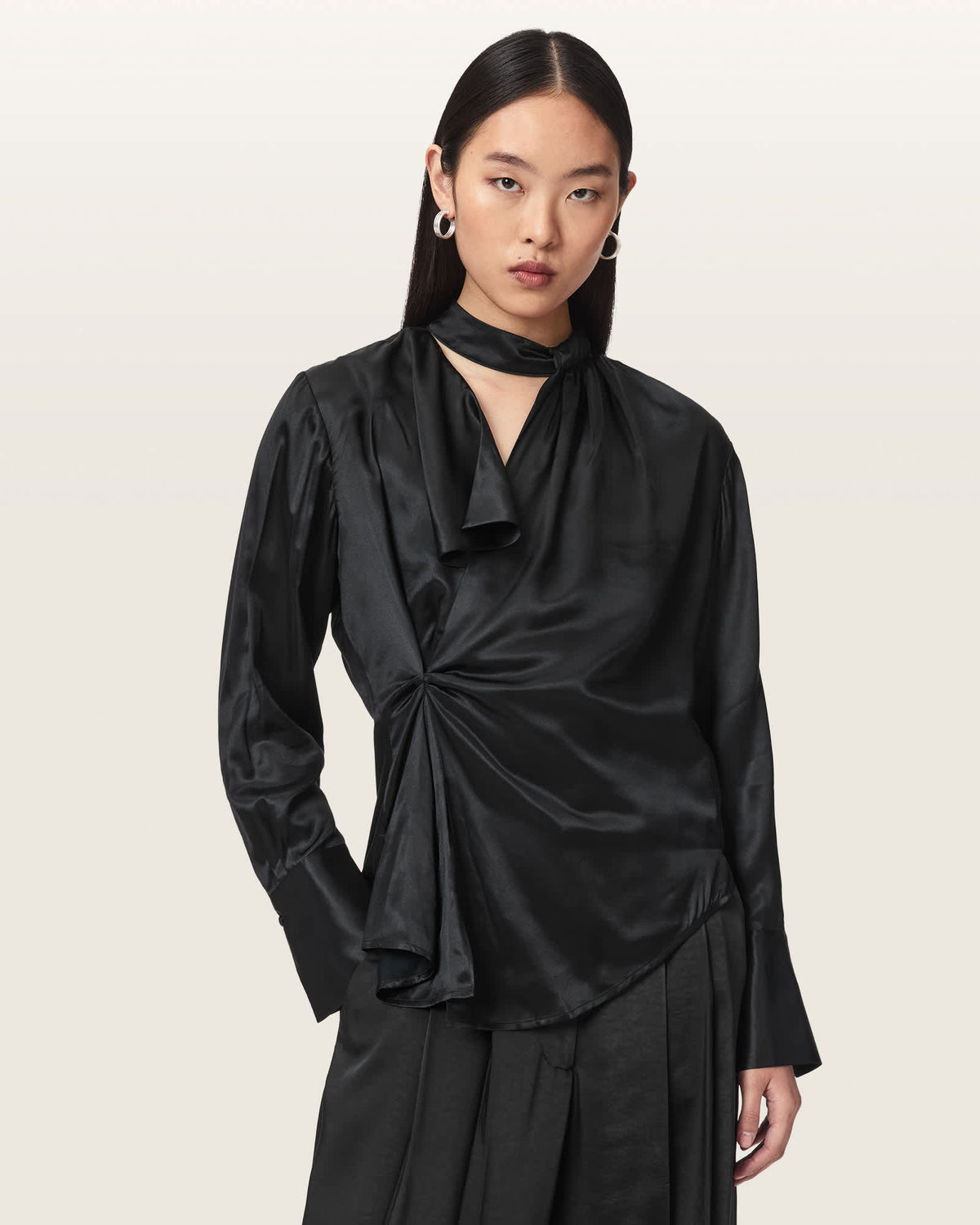 Zellie Silk Blend Pleated Top Black