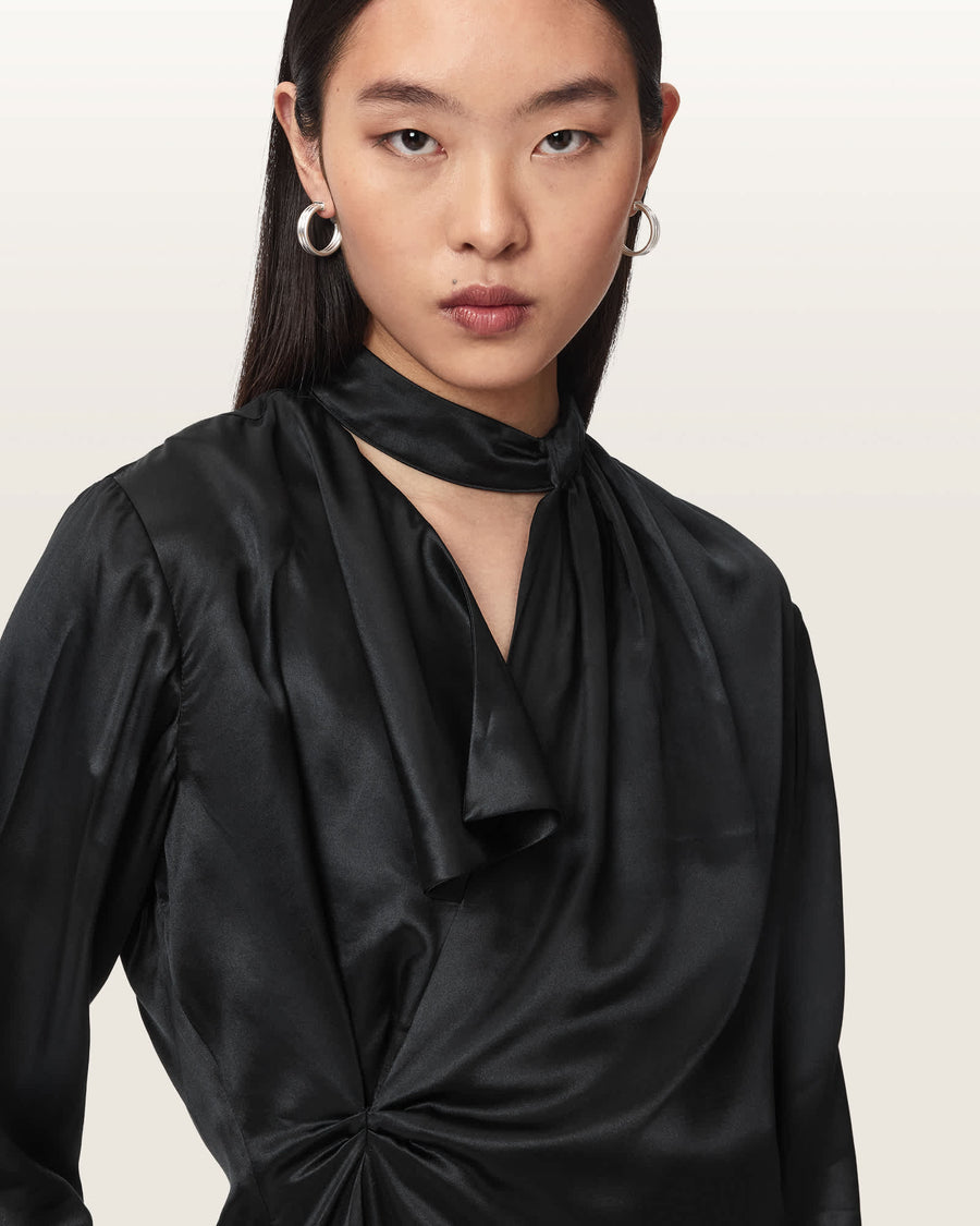 Zellie Silk Blend Pleated Top Black