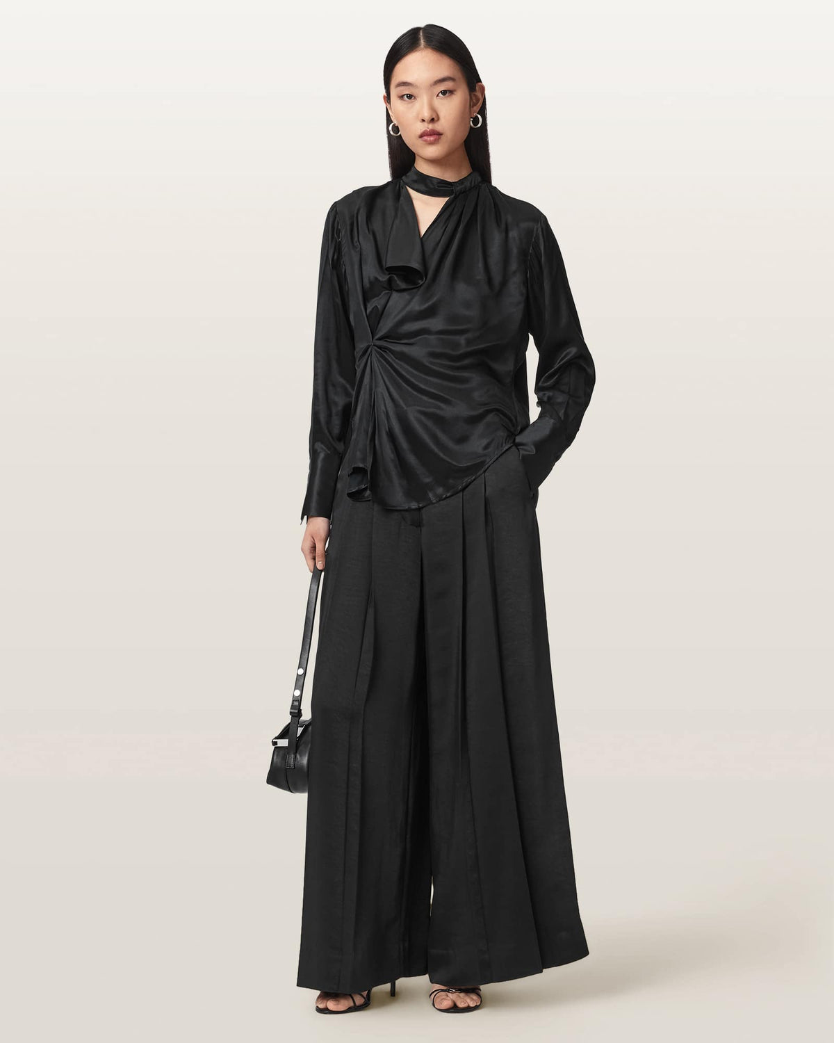 Zellie Silk Blend Pleated Top Black