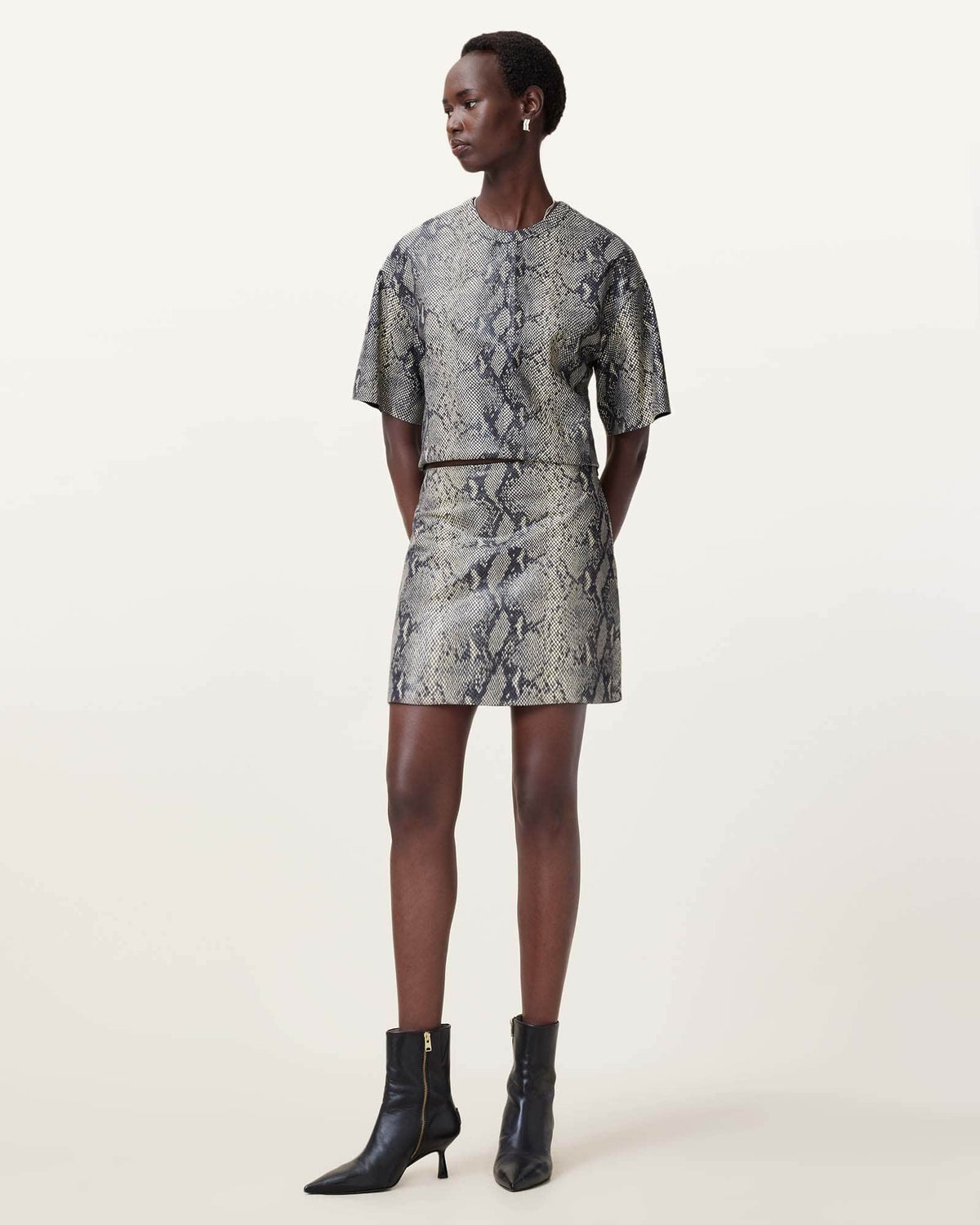 Renai Foil Snake Print Suede Mini Skirt NATURAL WHITE