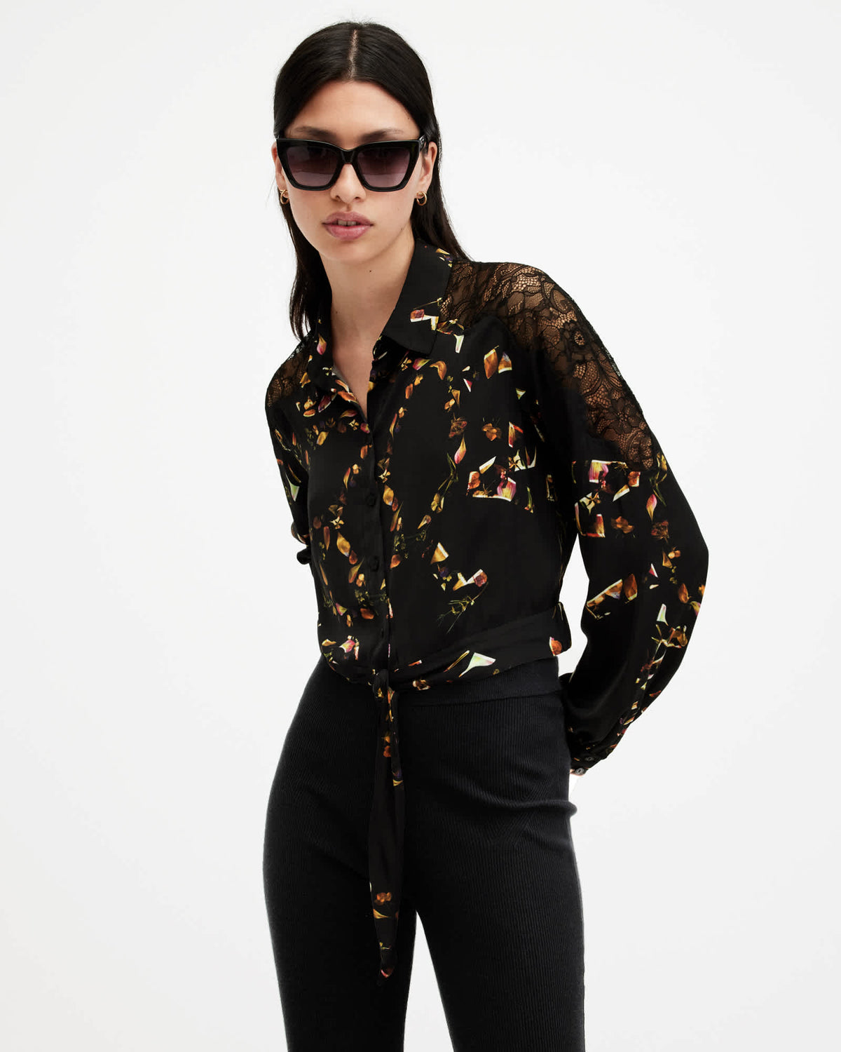 Len Printed Cropped Tie Up Shirt KATERI BLACK