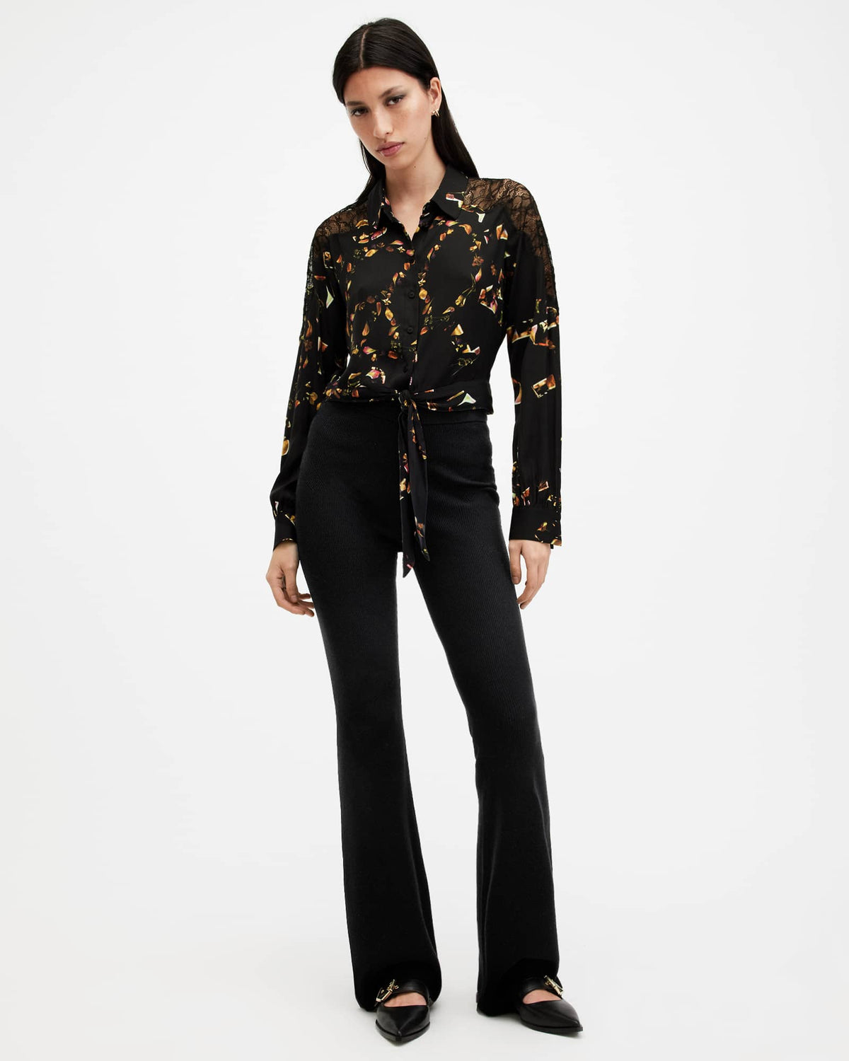 Len Printed Cropped Tie Up Shirt KATERI BLACK
