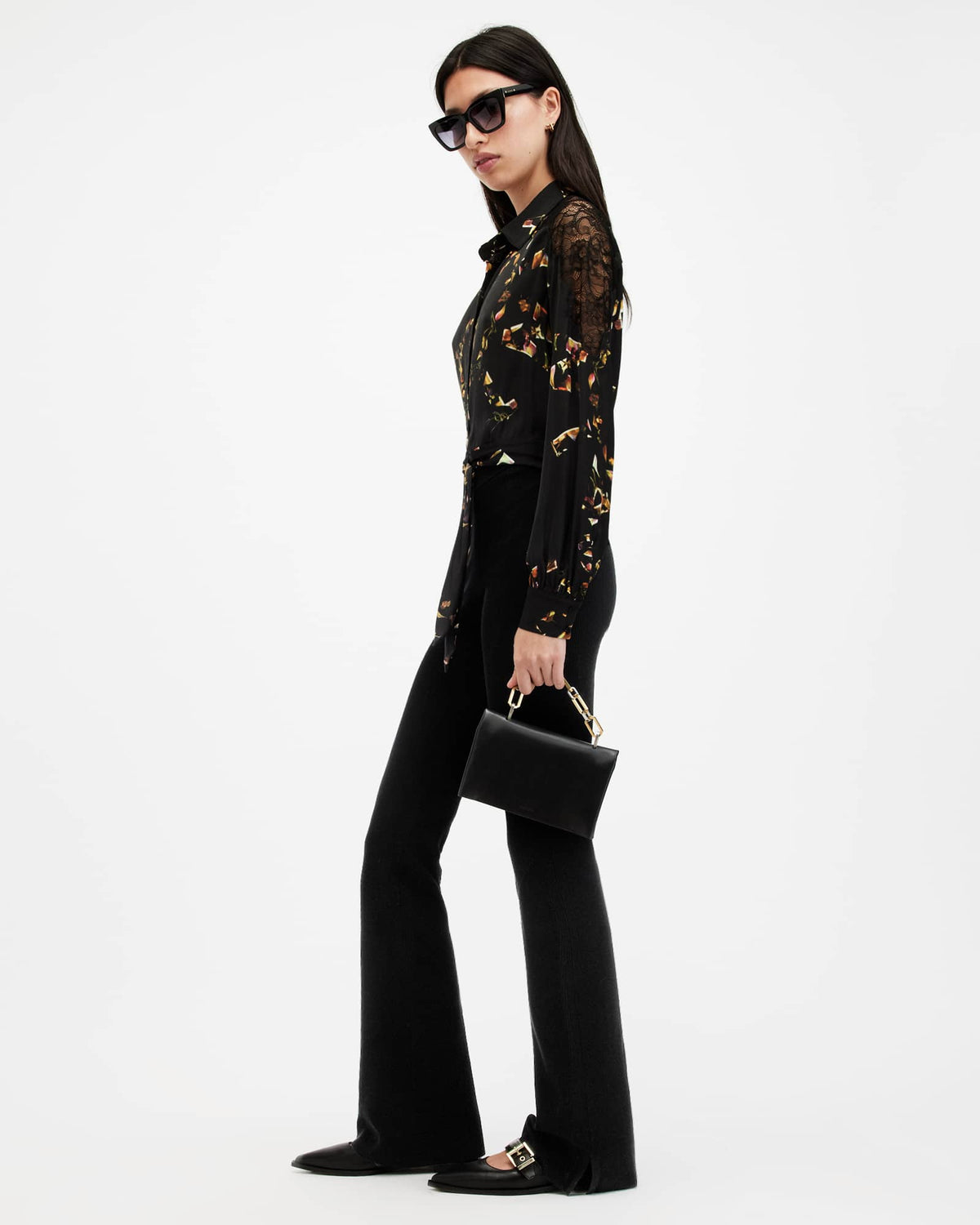 Len Printed Cropped Tie Up Shirt KATERI BLACK