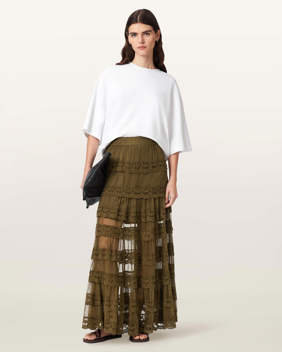 Maggie Tiered Lace Maxi Skirt OLIVE KHAKI GREEN