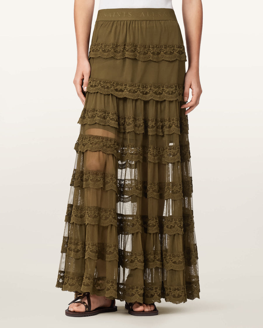 Maggie Tiered Lace Maxi Skirt OLIVE KHAKI GREEN