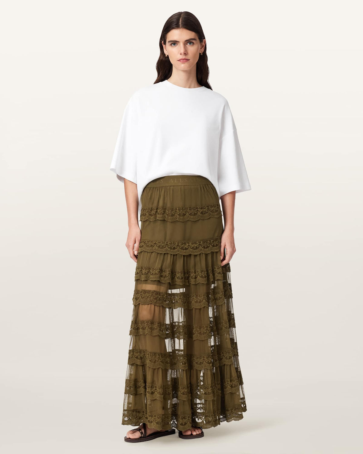 Maggie Tiered Lace Maxi Skirt OLIVE KHAKI GREEN