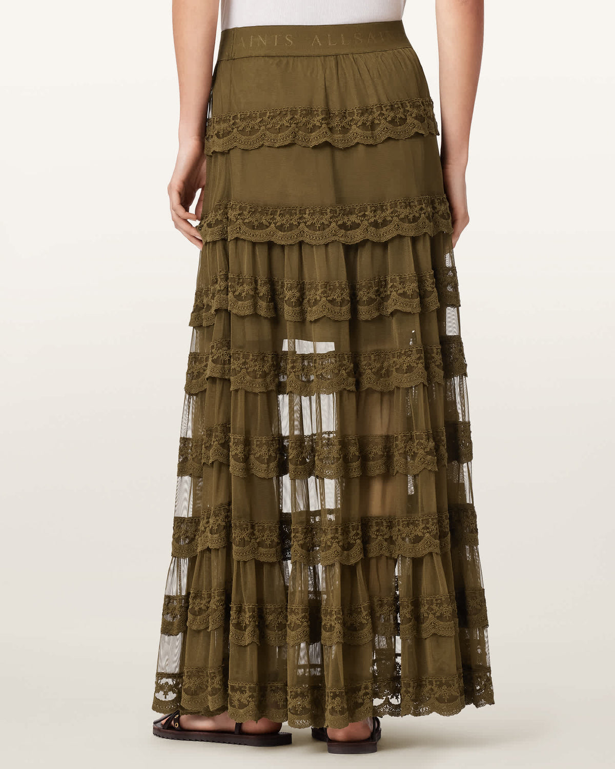 Maggie Tiered Lace Maxi Skirt OLIVE KHAKI GREEN