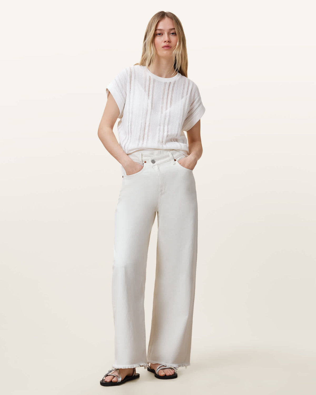 Aki Crossover Wide Leg Denim Jeans Chalk White
