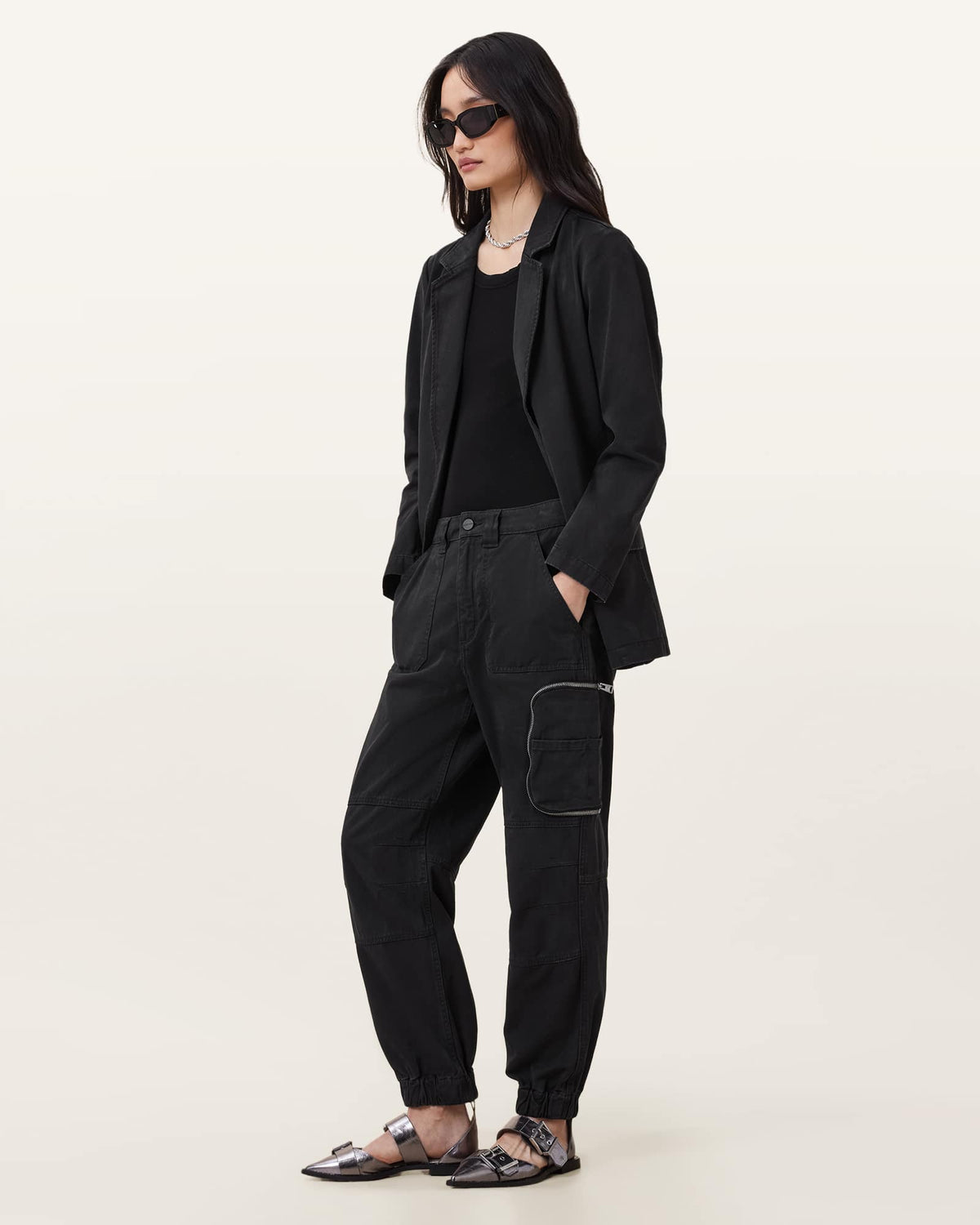 Florence Cargo Jogger Trousers Washed Black