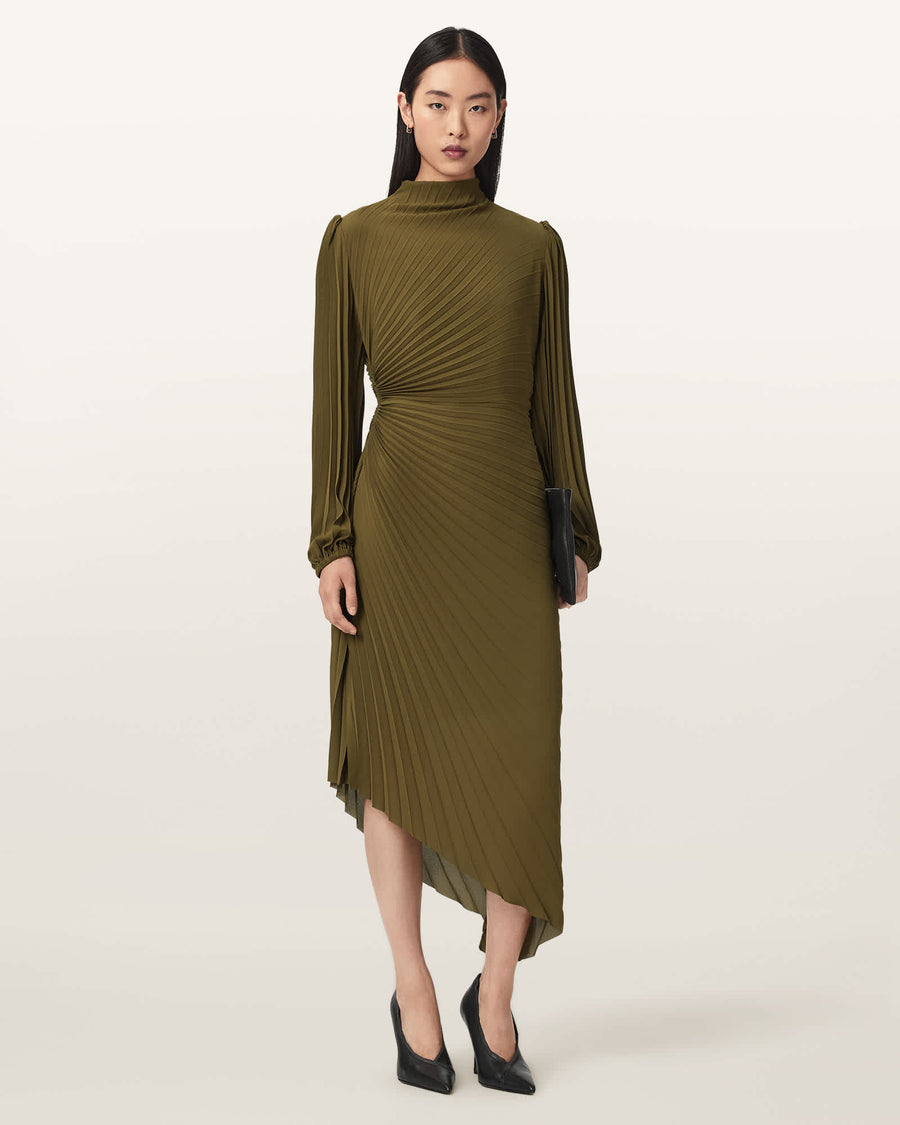 Milena Asymmetric Pleated Midi Dress OLIVE KHAKI GREEN