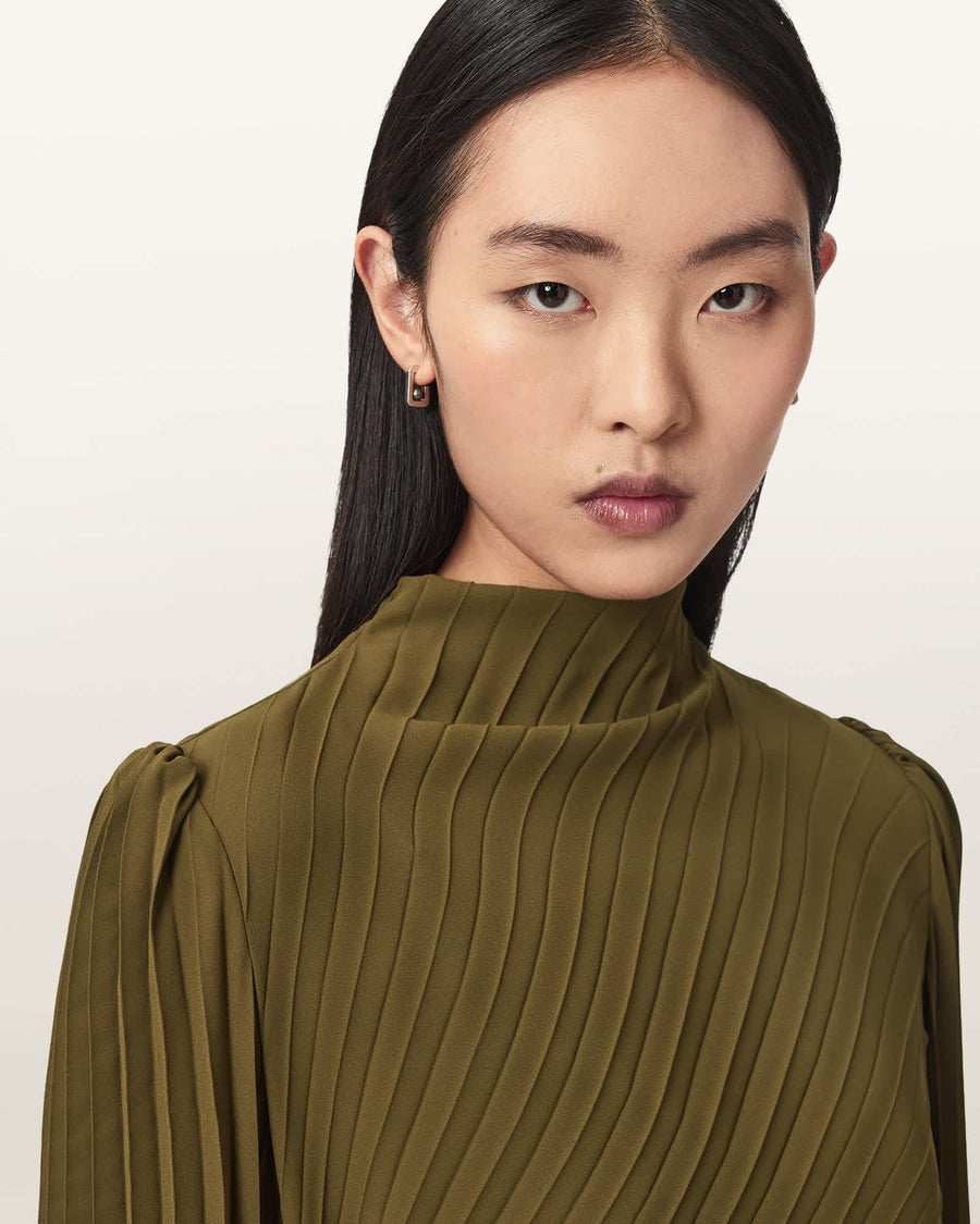 Milena Asymmetric Pleated Midi Dress OLIVE KHAKI GREEN