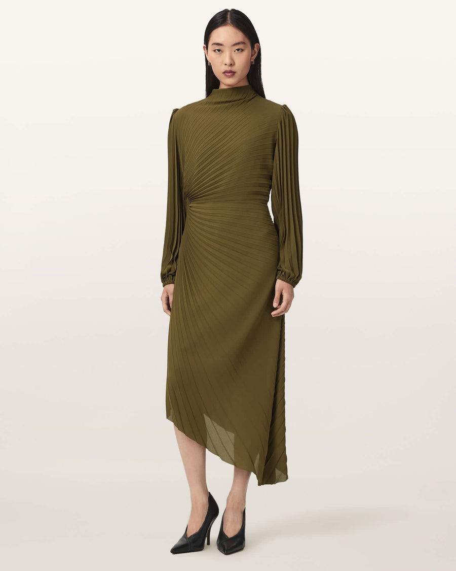 Milena Asymmetric Pleated Midi Dress OLIVE KHAKI GREEN