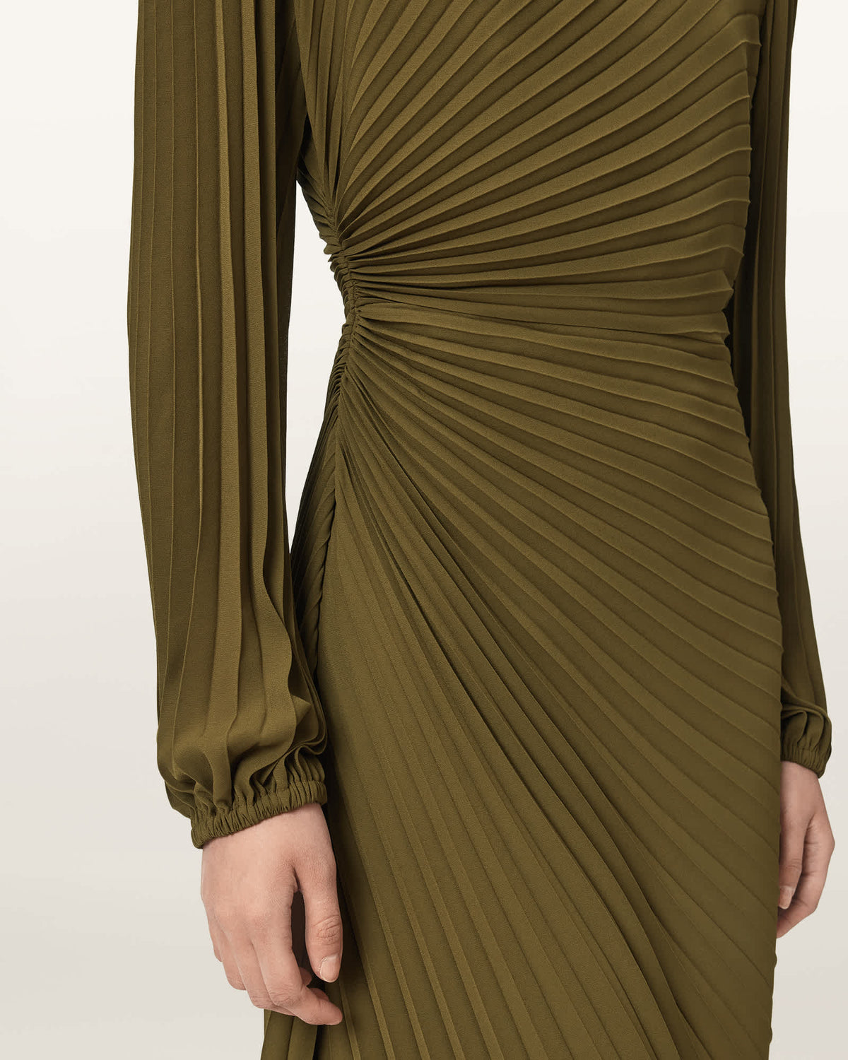 Milena Asymmetric Pleated Midi Dress OLIVE KHAKI GREEN