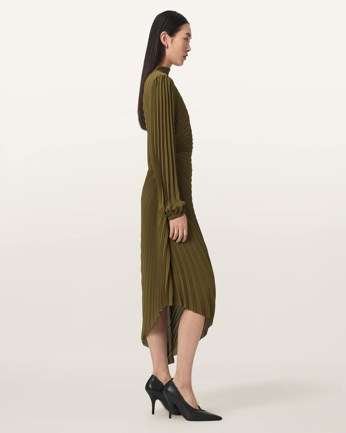 Milena Asymmetric Pleated Midi Dress OLIVE KHAKI GREEN