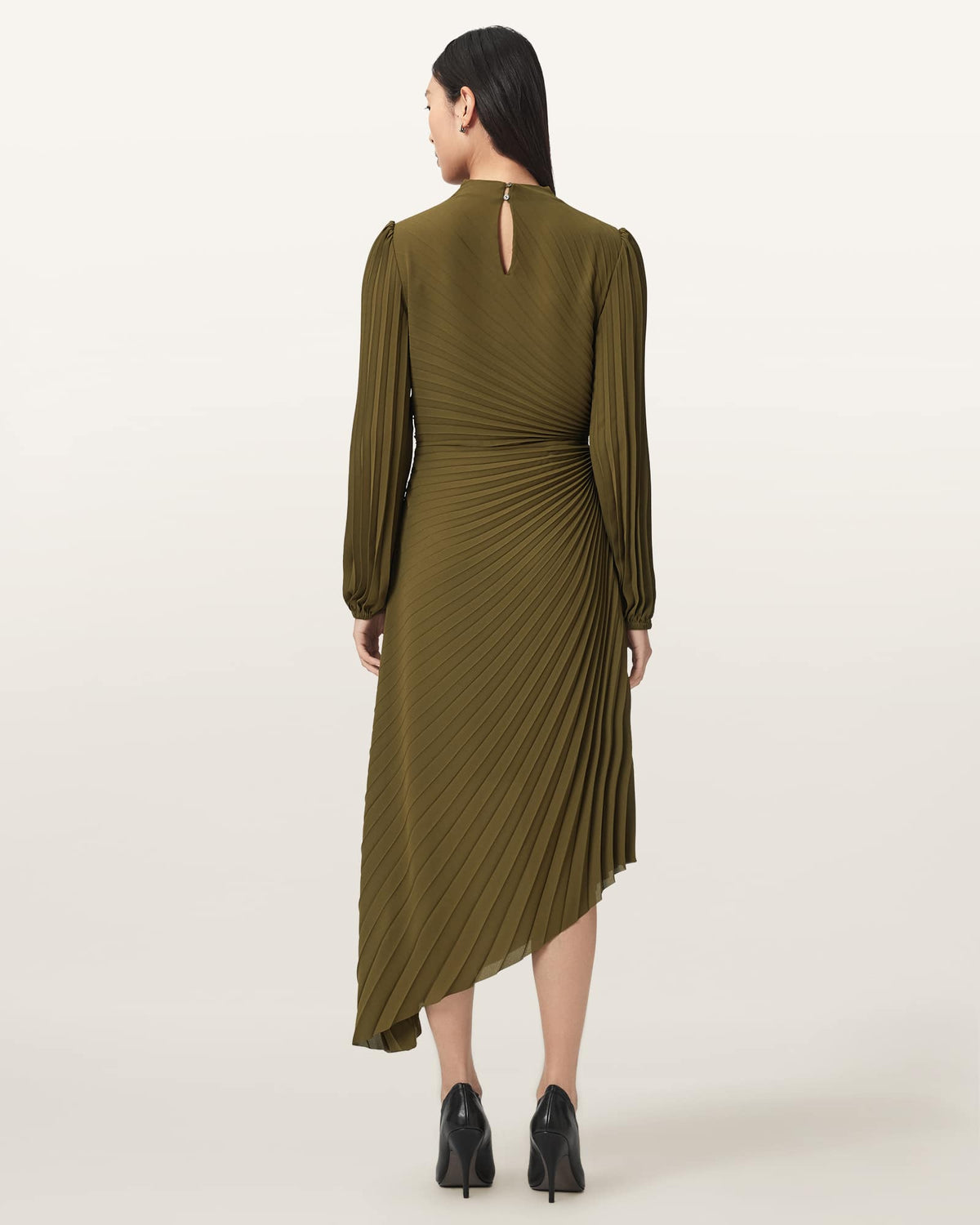 Milena Asymmetric Pleated Midi Dress OLIVE KHAKI GREEN