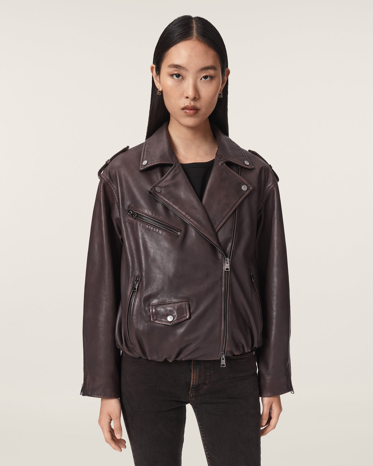 Samina Relaxed Fit Leather Biker Jacket