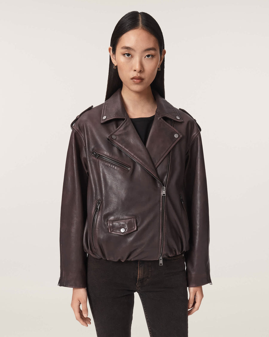 Samina Relaxed Fit Leather Biker Jacket OXBLOOD RED