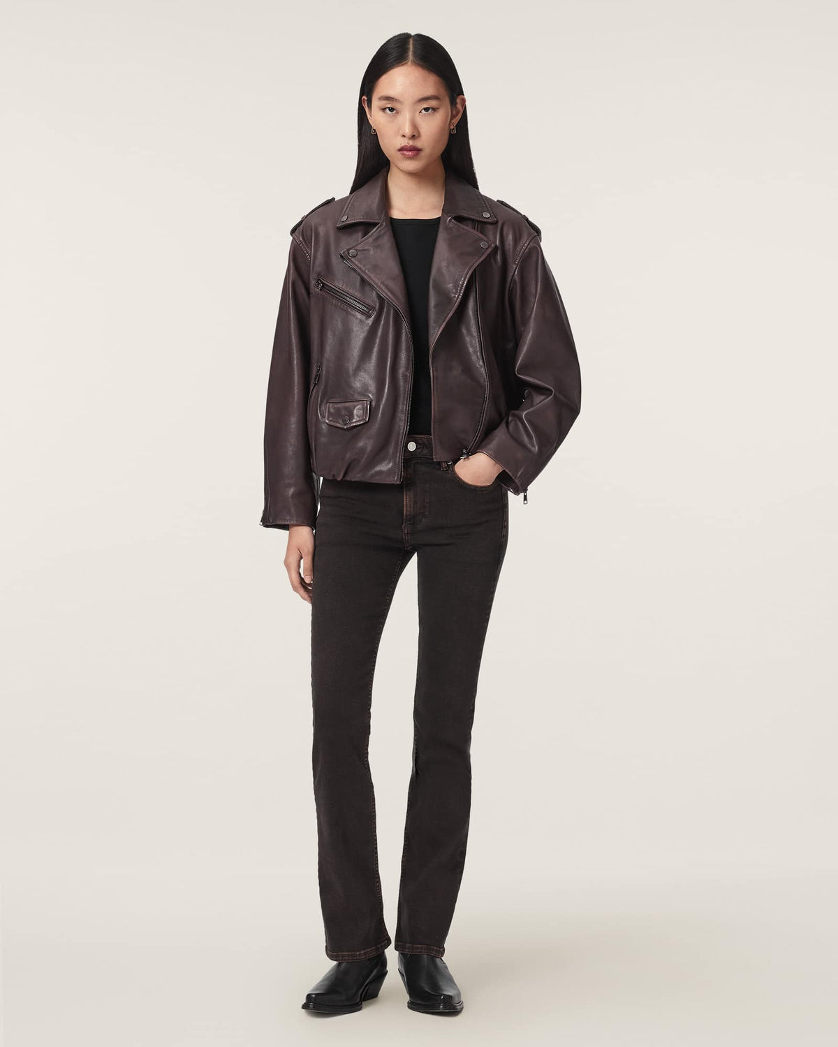 Samina Relaxed Fit Leather Biker Jacket OXBLOOD RED