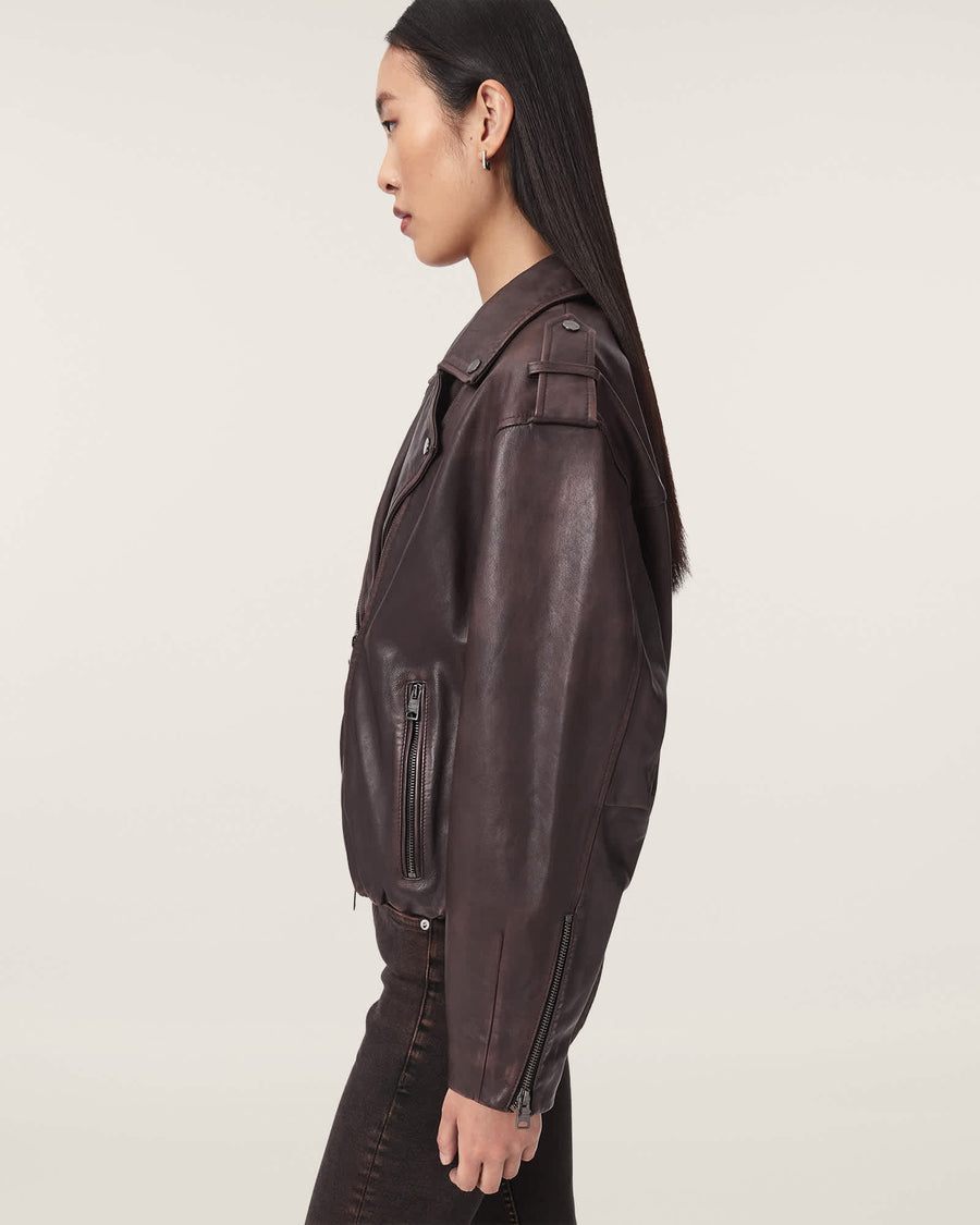 Samina Relaxed Fit Leather Biker Jacket OXBLOOD RED