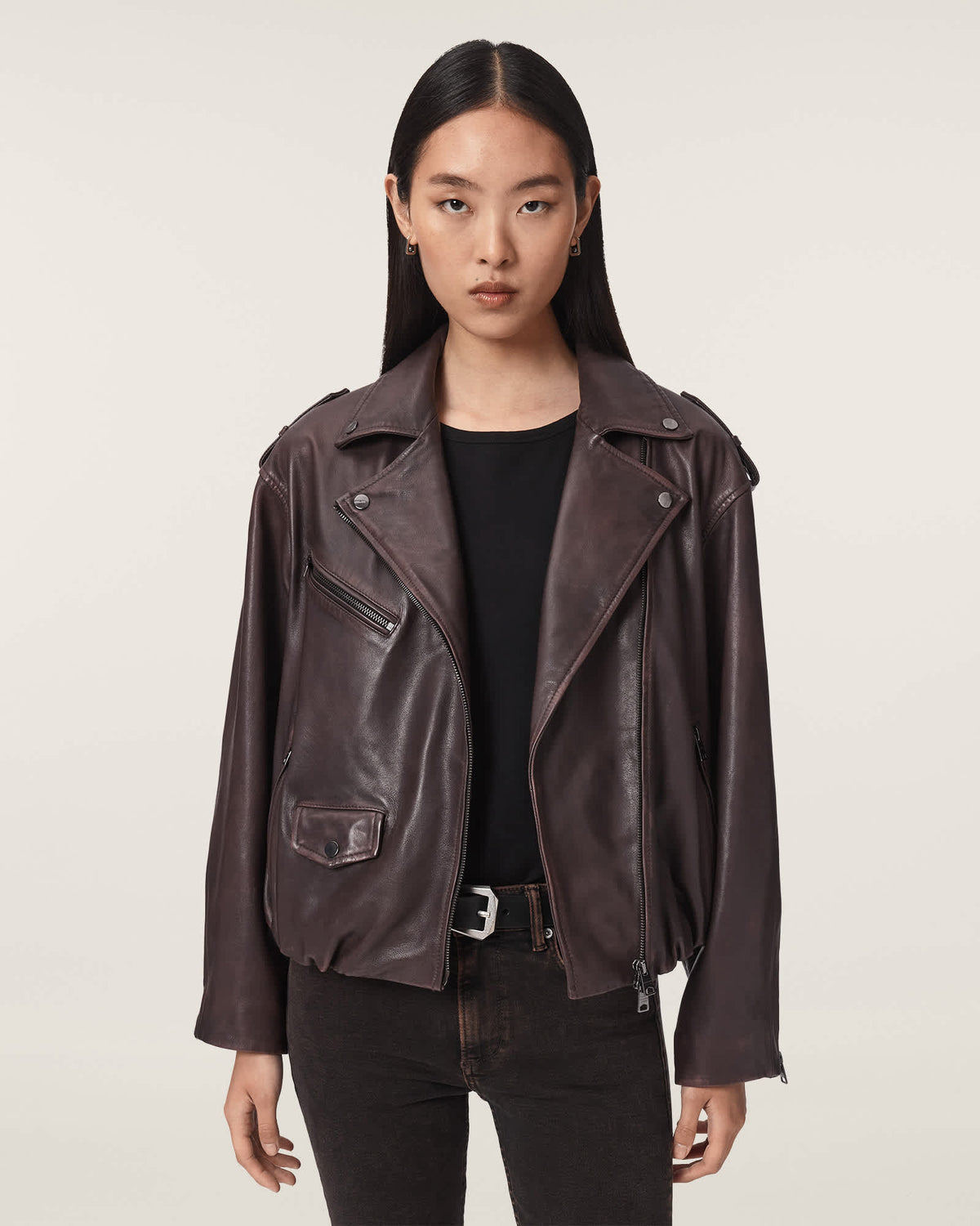 Samina Relaxed Fit Leather Biker Jacket OXBLOOD RED