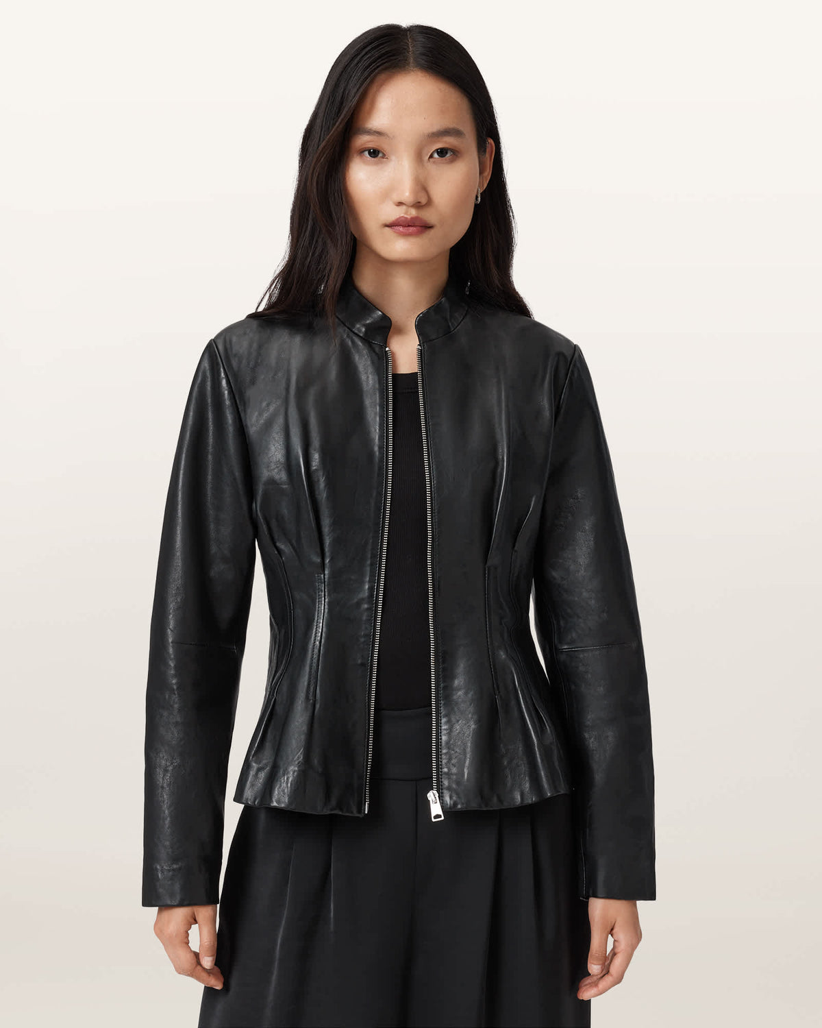 Clo Pleated Leather Jacket Black