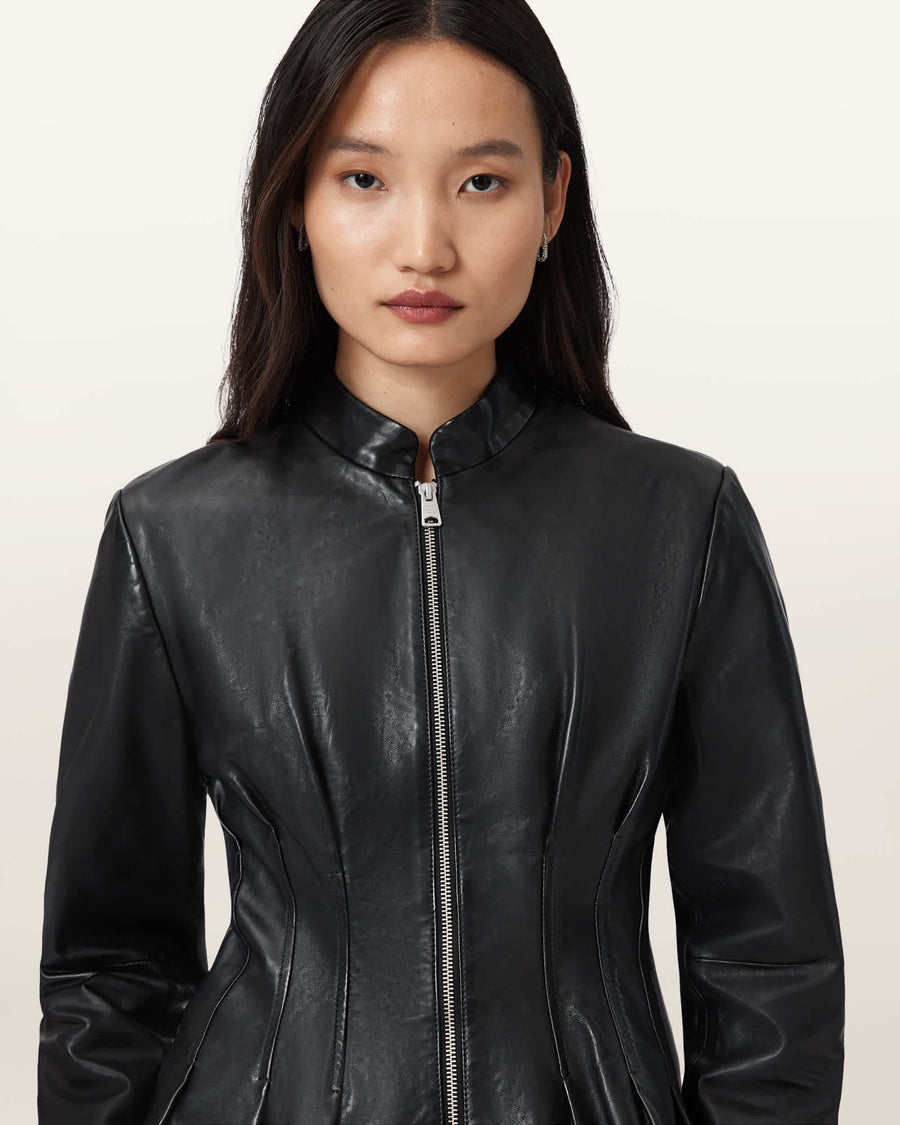 Clo Pleated Leather Jacket Black