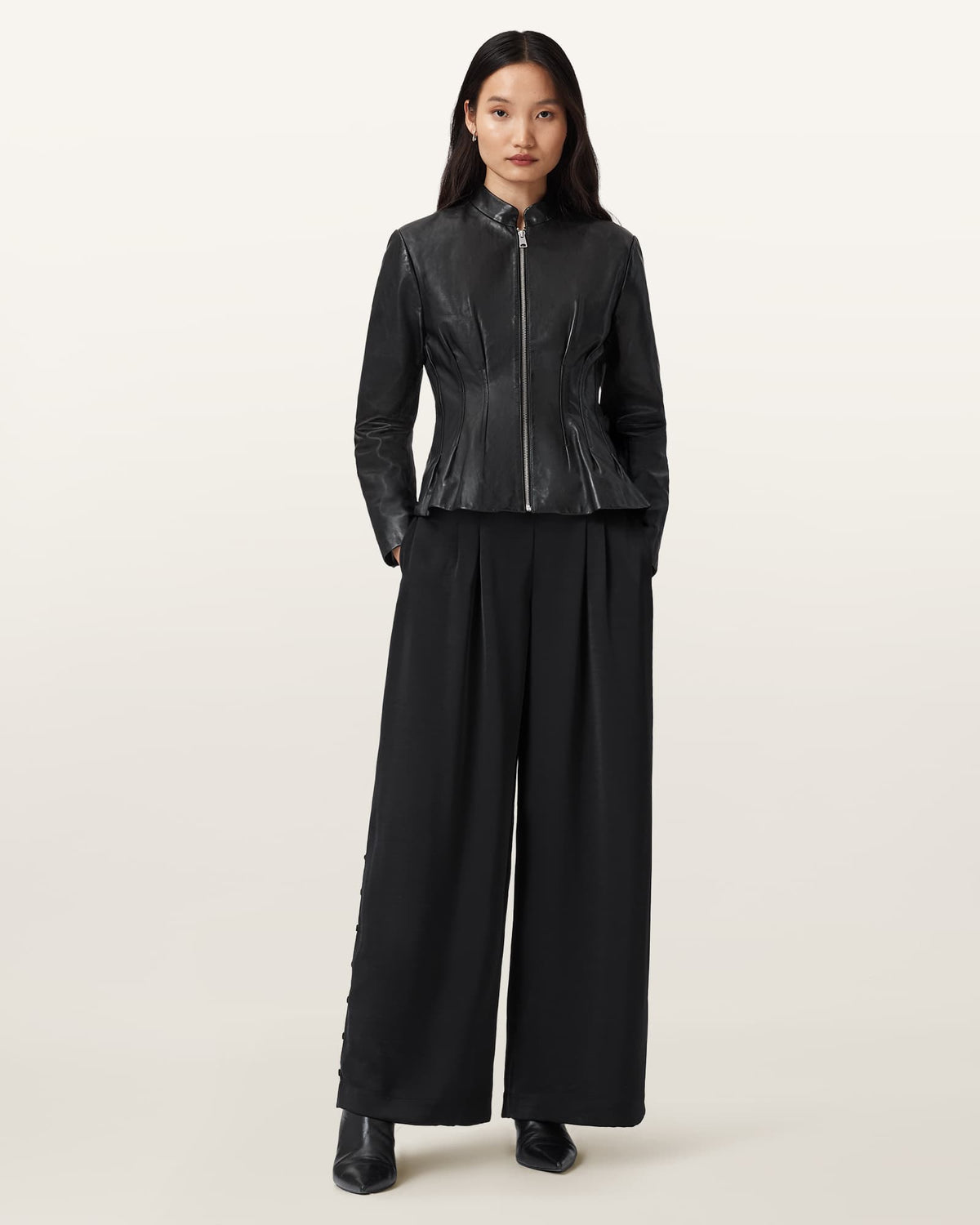 Clo Pleated Leather Jacket Black