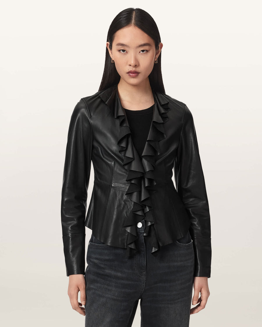 Luana Slim Fit Pleated Leather Shirt Black
