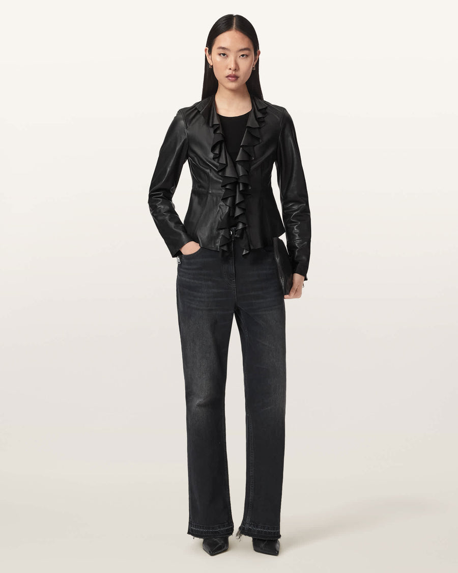 Luana Slim Fit Pleated Leather Shirt Black