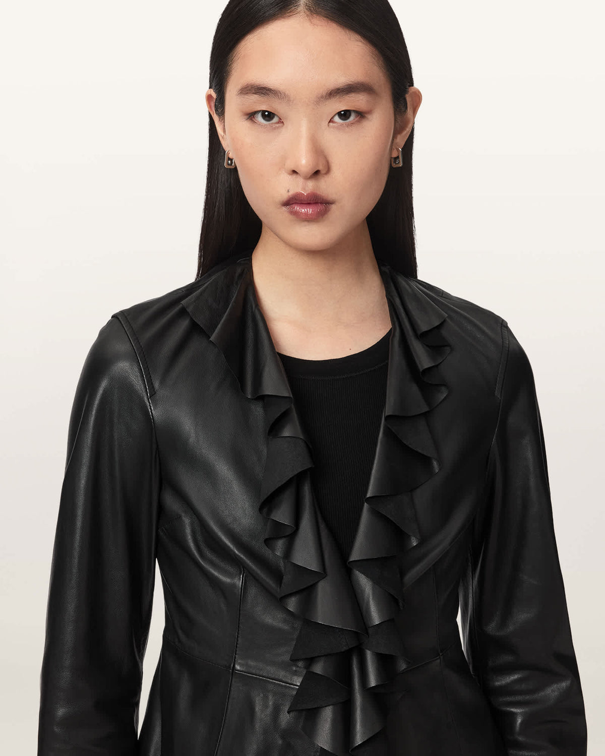 Luana Slim Fit Pleated Leather Shirt Black