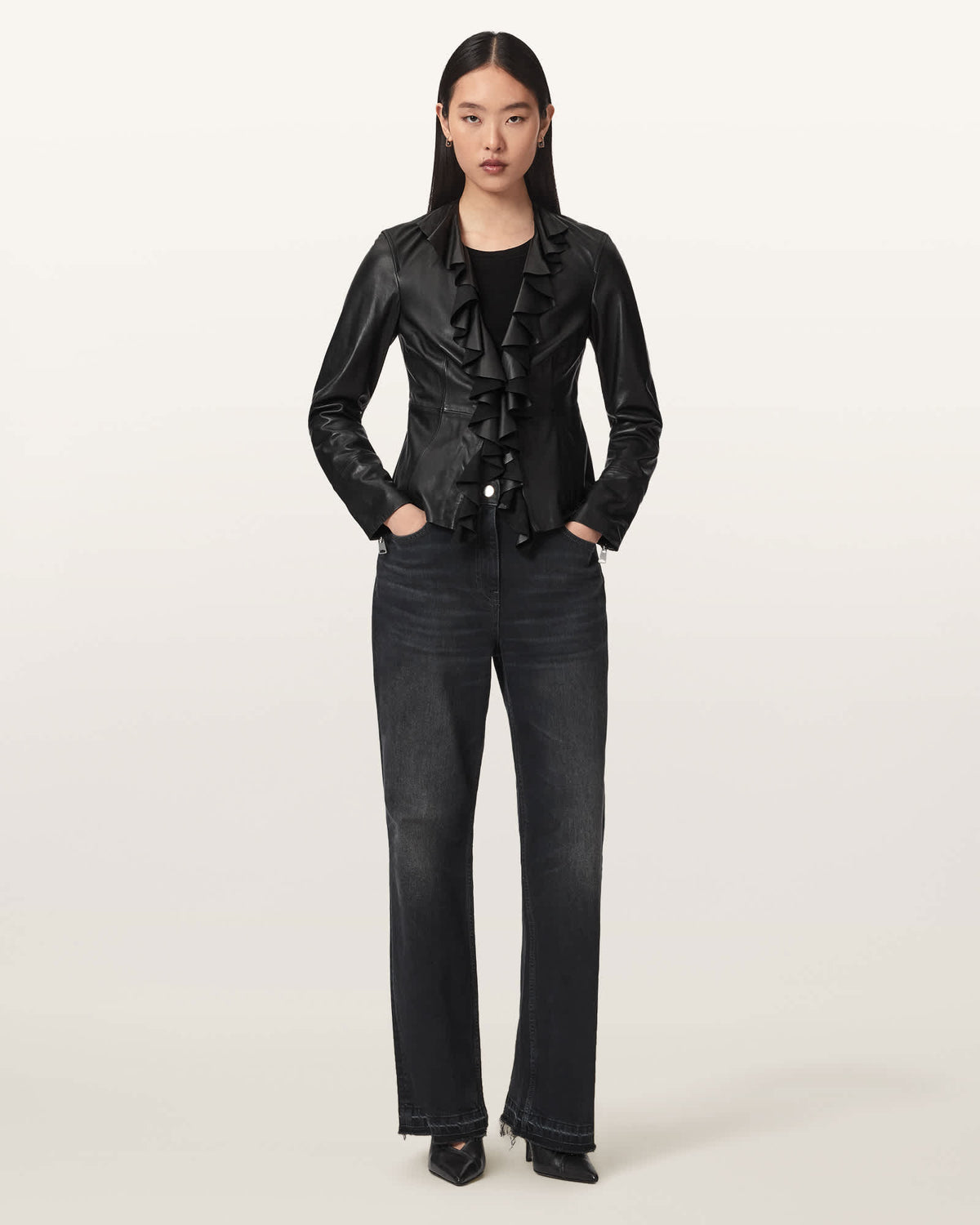 Luana Slim Fit Pleated Leather Shirt Black
