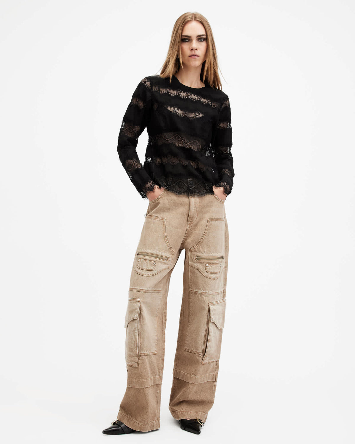 Tiff Lace Panelled Sheer Top Black