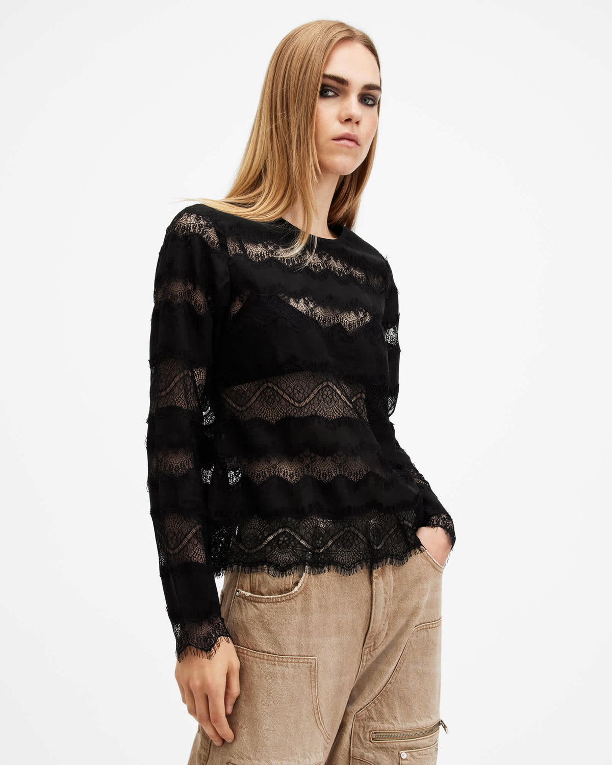 Tiff Lace Panelled Sheer Top Black